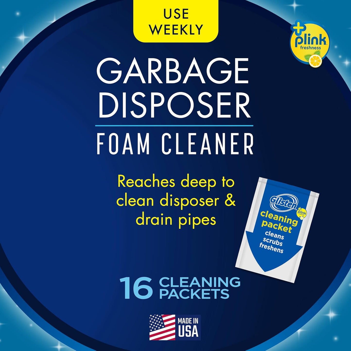 Glisten Garbage Disposer Cleaner and Freshener with Foaming Action, Helps Remove Buildup in Drains, Lemon Scent, Made in the USA, 16 Packets