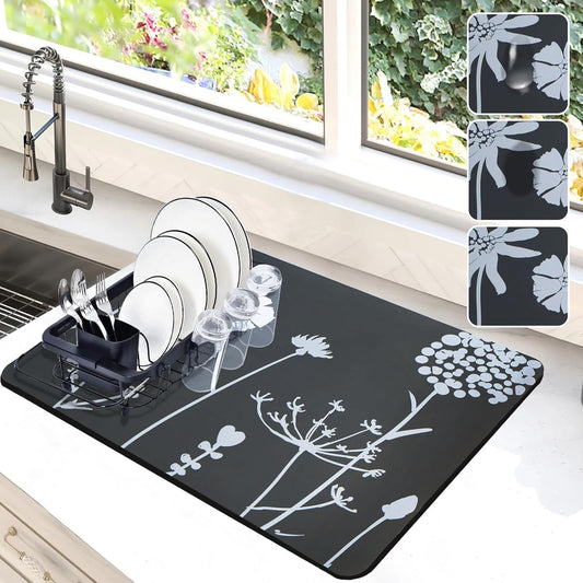 Dish Drying Mat for Kitchen Counter, 12"x19"Dish Drying Pad with Non-slip Rubber Backed, Hide Stain Anti Absorbent for Kitchen Counter, Drying Mat for Coffee Machine Dish Rack (Gray Daisy)