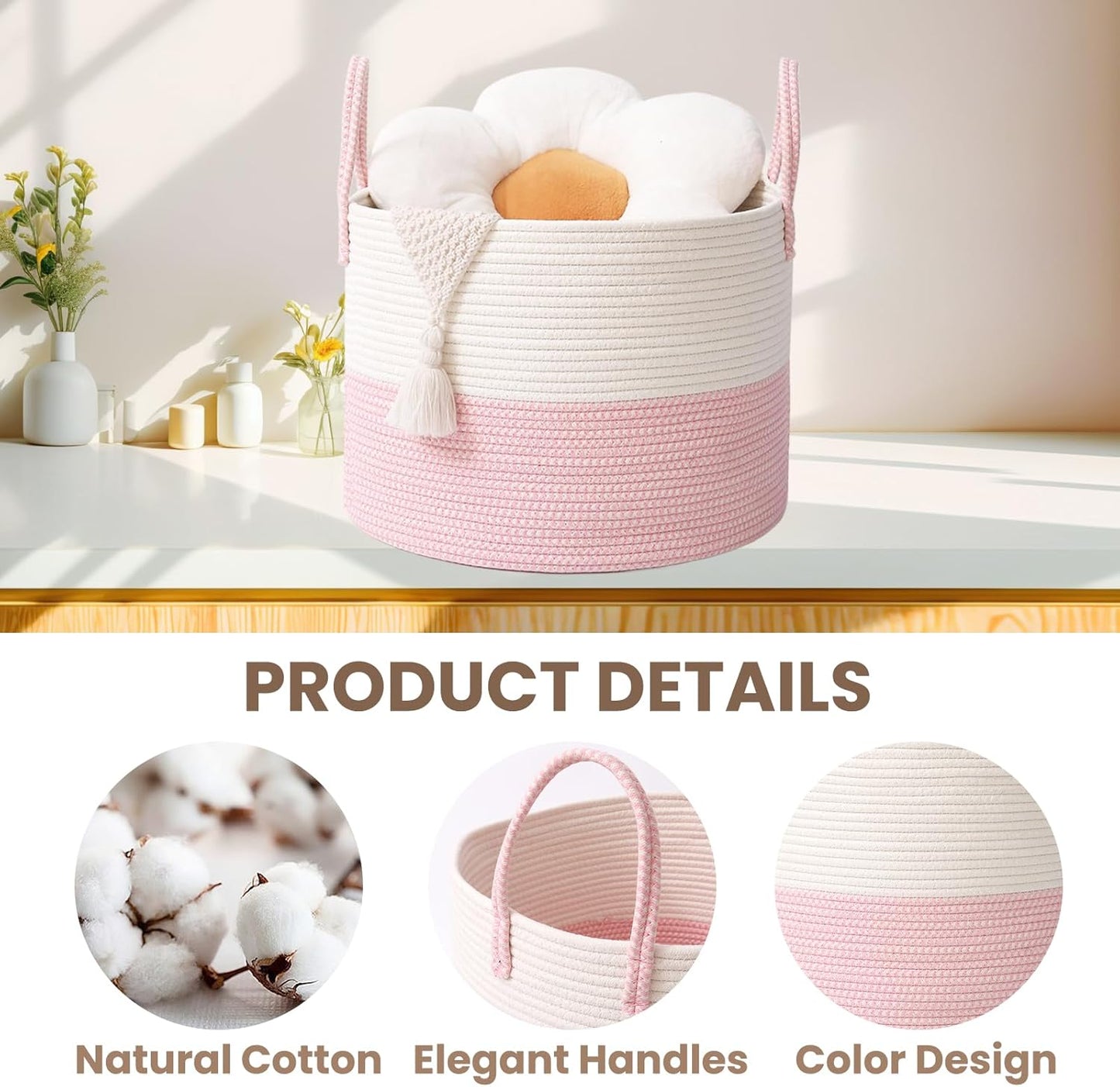 Woven Blanket Basket,65L Large Rope Storage Bin with Handles, Organizer for Blankets Toys Book and Clothes, Laundry Basket for Living Room Bedroom Nursery,White&Pink