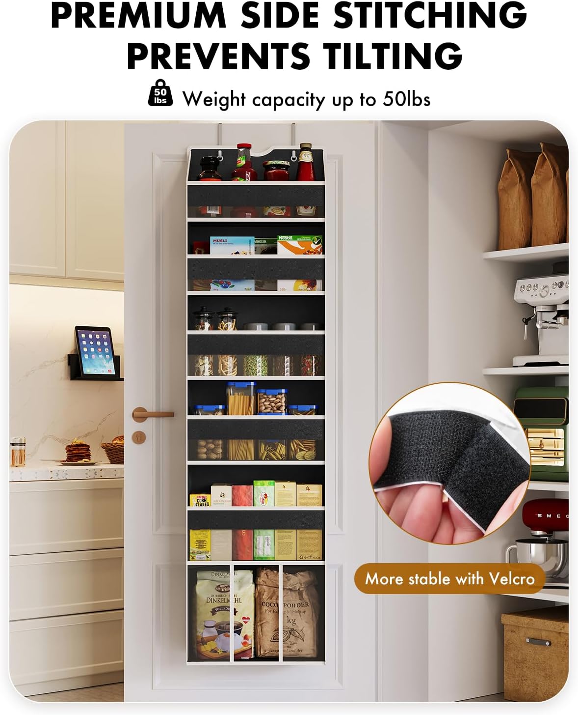 Over The Door Organizer Hanging - 6 Shelf Over Door Organizer with 6 Clear Front & 12 Side Pockets - 50LB Load Behind Storage for Closet Bedroom Bathroom Nursery Baby Essentials(Black)