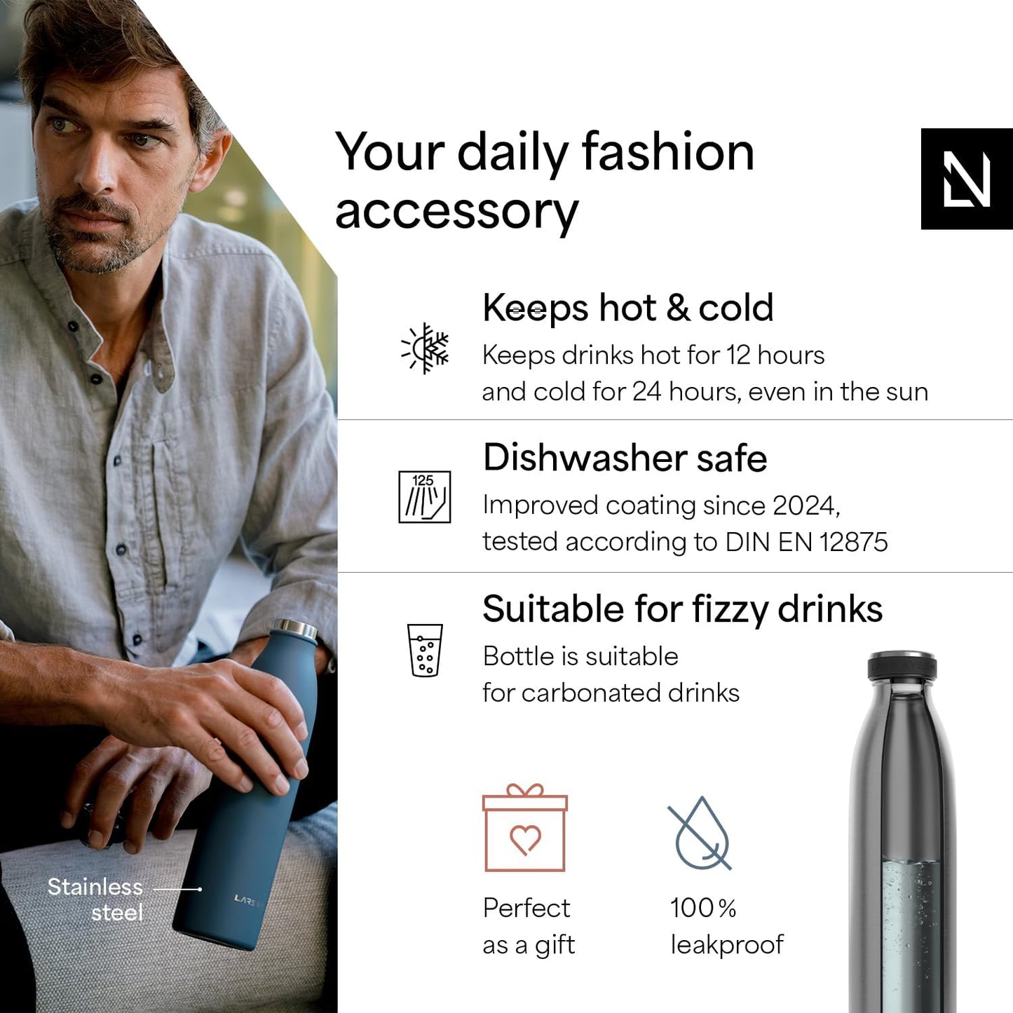 LARS NYSØM Stainless Steel Insulated Water Bottle 12oz 17oz 25oz 34oz 51oz | Insulated Thermo Flask for Hot and Cold Beverages | Leakproof Drinking Bottle (Stainless Steel, 33.9oz)