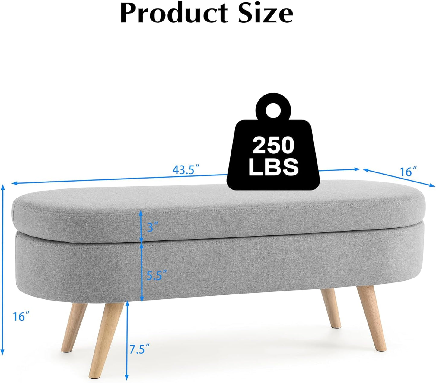 Storage Bench, 43" Storage Ottoman Bench for Bedroom, Upholstered Entryway Benches with Seating, Rubber Wood Legs, Shoe Storages Benches for Bedroom, Living Room, Entryway, Bed Side, Grey