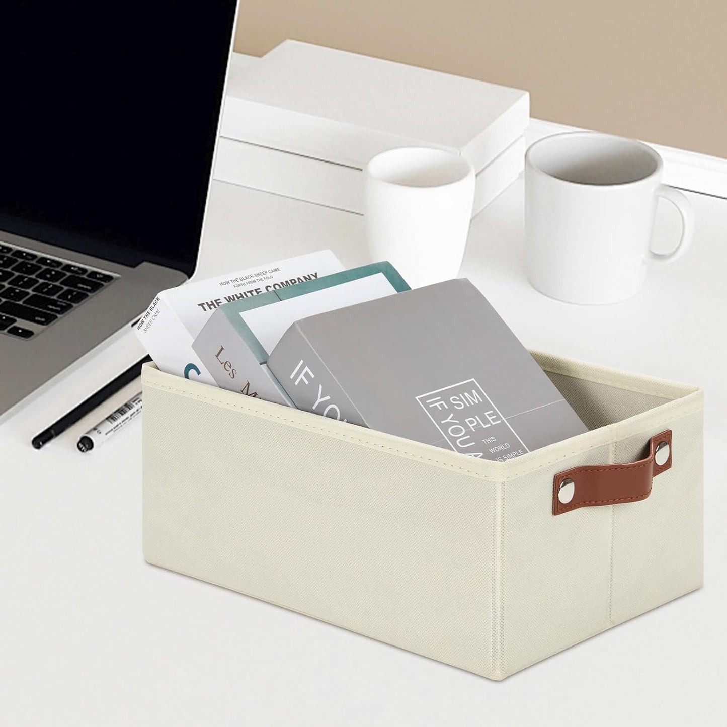 DULLEMELO Fabric Storage Bin with PU Handles, Decorative Basket and Organizer, Collapsible Bin for Toy and Clothes Storage (Light Beige, 11.8L*7.9W*5.1H)