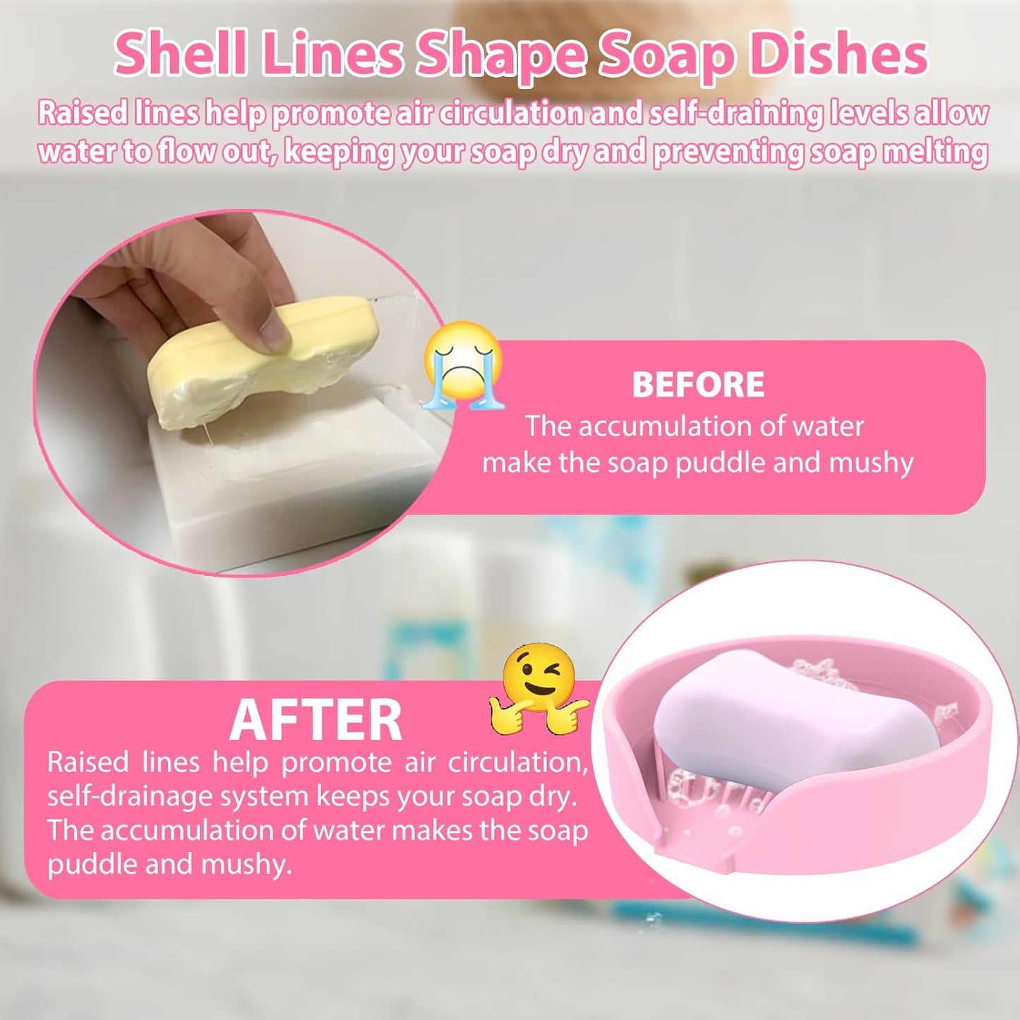 Self Draining Soap Dish, Silicone Suction Cup Soap Holder Tray Savers Container Sponge Holder for Bar Bathroom Shower Kitchen Sink, Can Extend Soap Life (1, Pink)