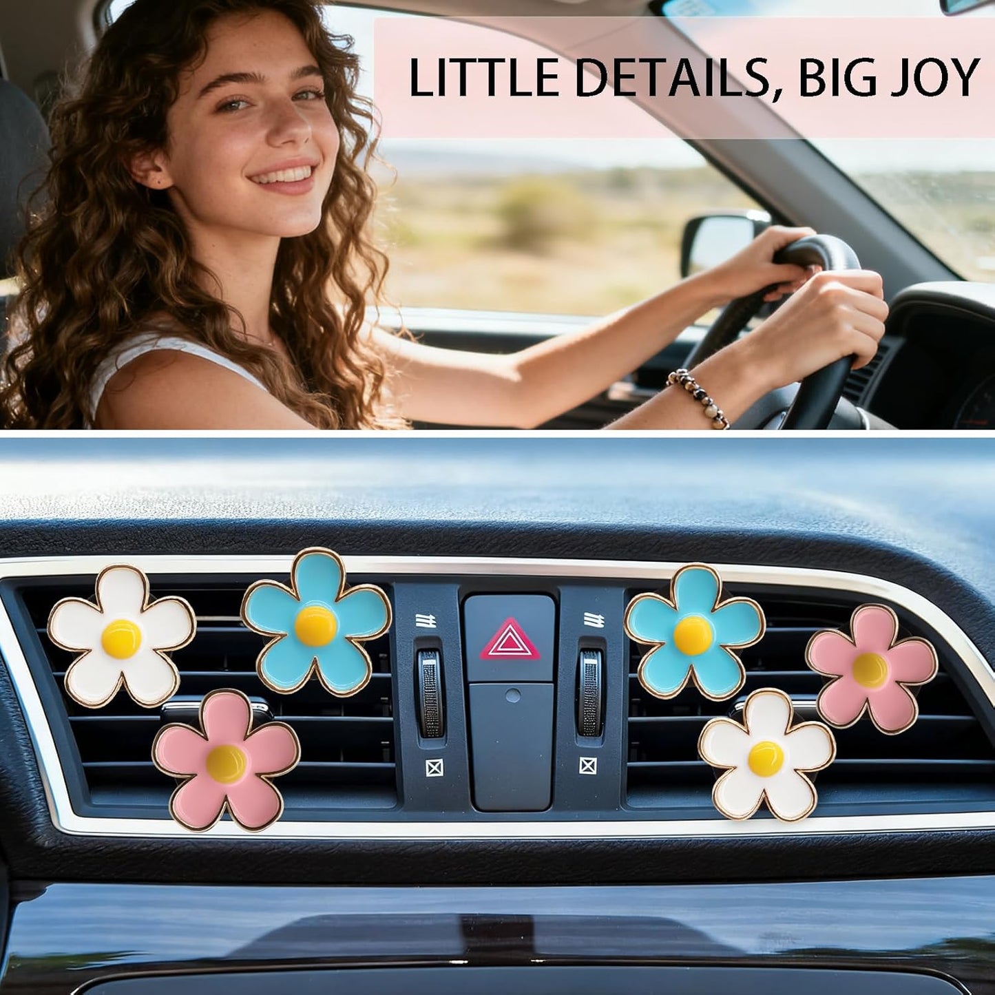 6pcs Flowers Car Air Freshener Vent Clips,Blue White Pink Daisy Flowers Air Vent Clip Car Accessories for Women,3cm/2.7cm Refillable Daisy Decor Diffuser