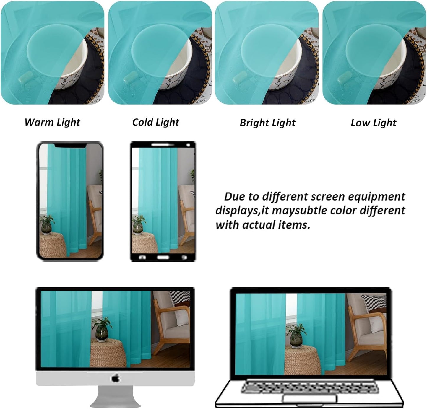 Chyhomenyc Sheer Valances for Windows 2 Pieces, 42Wx14L Inches Small Valance for Living Room Bedroom Study Laundry Basement, Rod Pocket Voile Valance, Turquoise