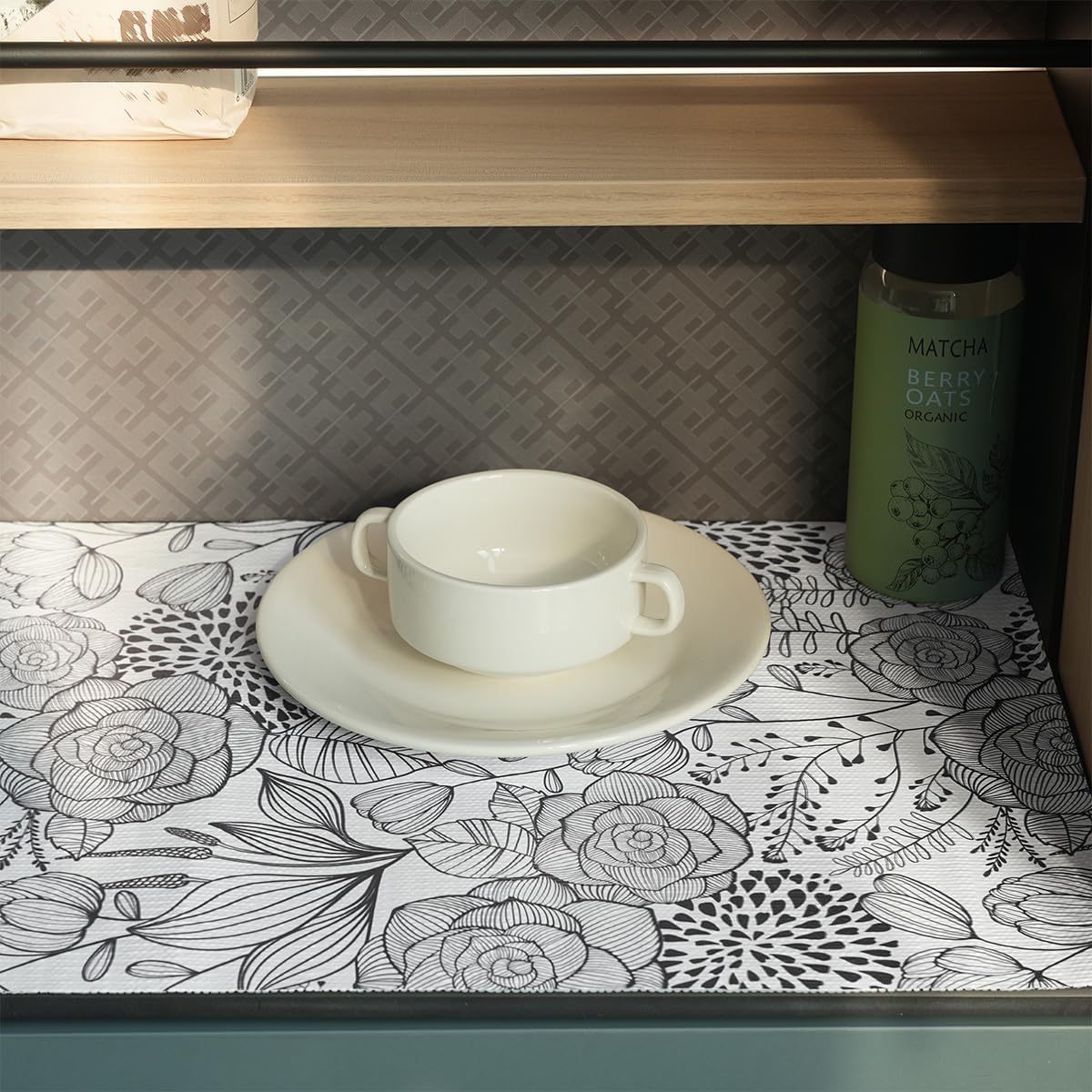 Floral Drawer and Shelf Liner for Kitchen 16IN x 20FT, Non-Adhesive and Strong Non-Slip Cabinet Drawer Liners, Waterproof Thickened Shelf Liner,Easy to Clean,Black and White