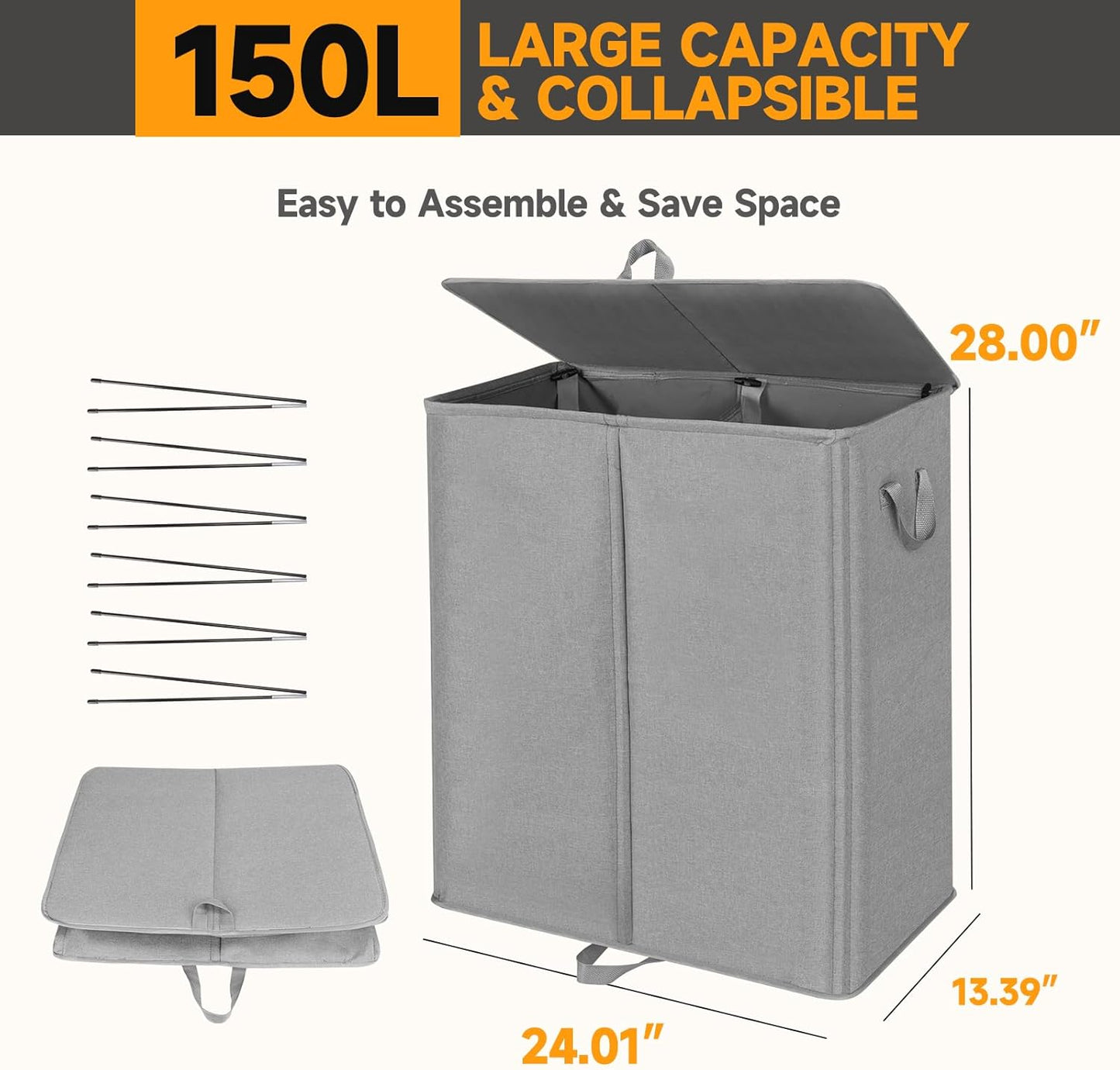 150L Double Laundry Hamper with Lid and Removable Bags,28in Tall Laundry Basket 2 Section,Large Dirty Clothes Hamper 2 Dividers for Bedroom,Laundry Room,Bathroom,Dorm Grey