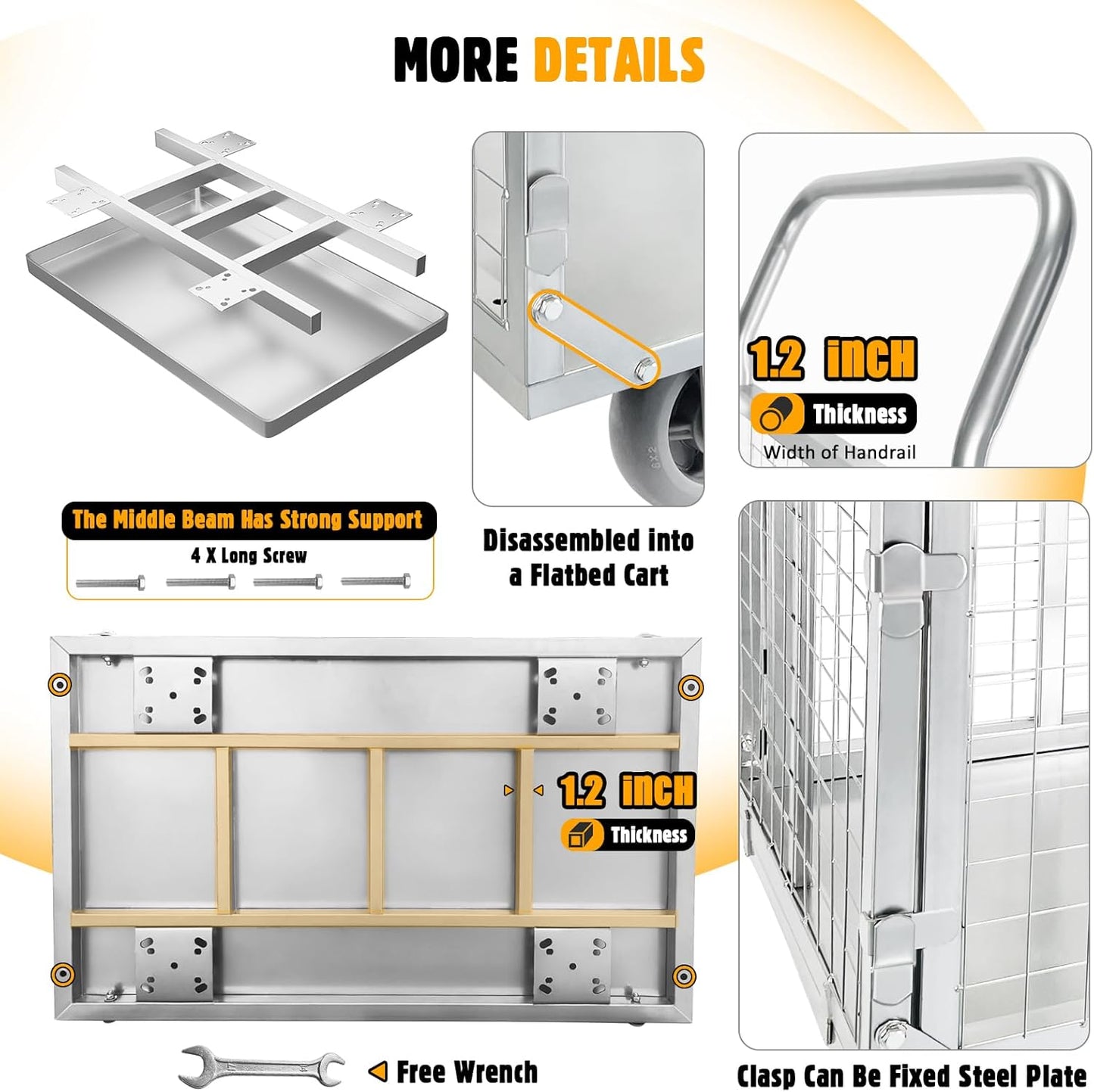 Platform Truck Cart with Cage, 6 in1 Foldable Flatbed Cart Heavy Duty Push Cart Dolly W/Swivel Wheels 1800lbs Capacity Multipurpose Hand Cart for Grocery/Laundry/Stall/Storage