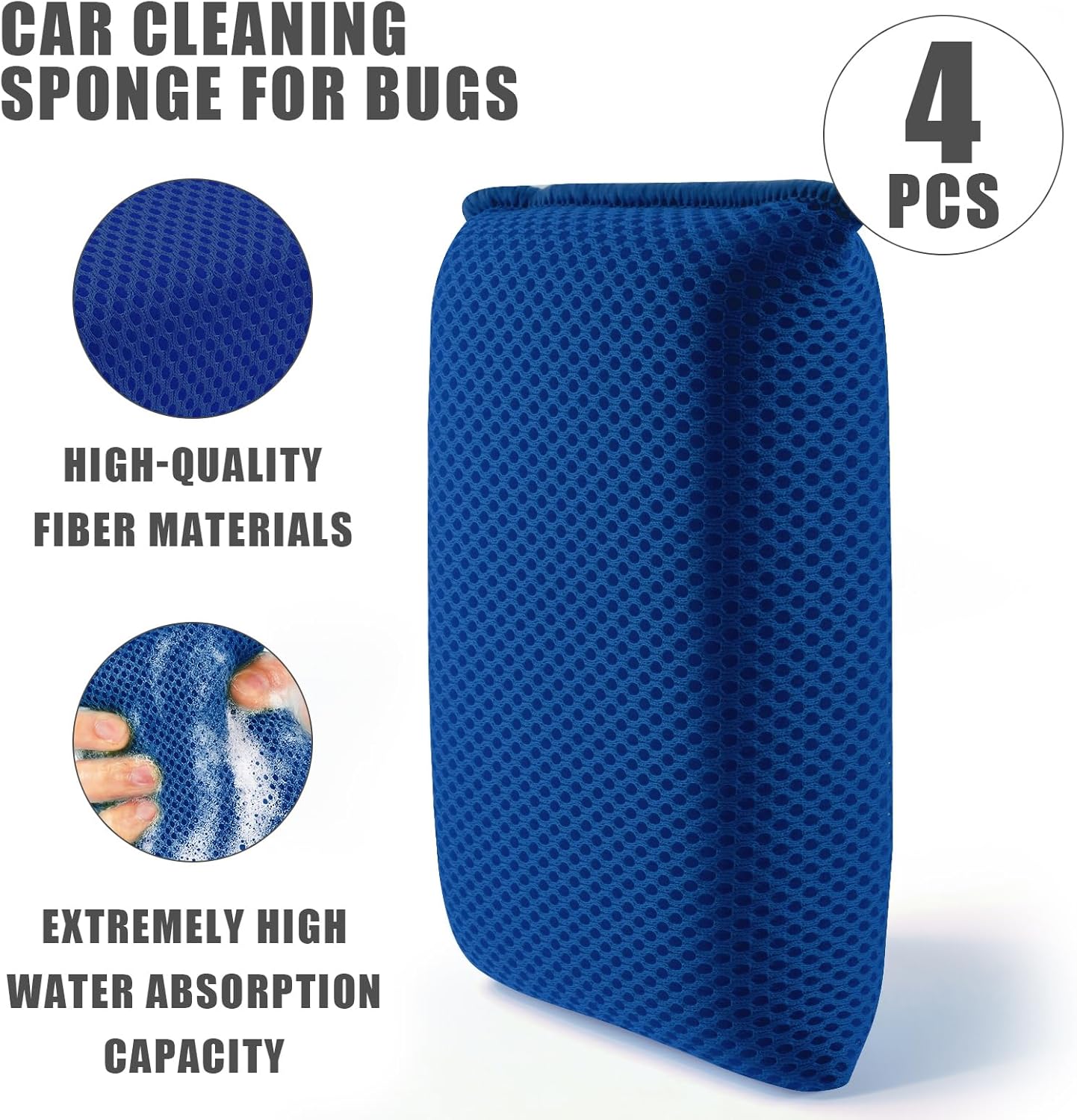 4 PCS Bug Scrubber Sponge Car, Bug Remover Wash Sponge，Car Cleaning Sponge for Bugs, Tar, Grime - Paint-Safe, Reusable Wash Sponges Kit(Blue)