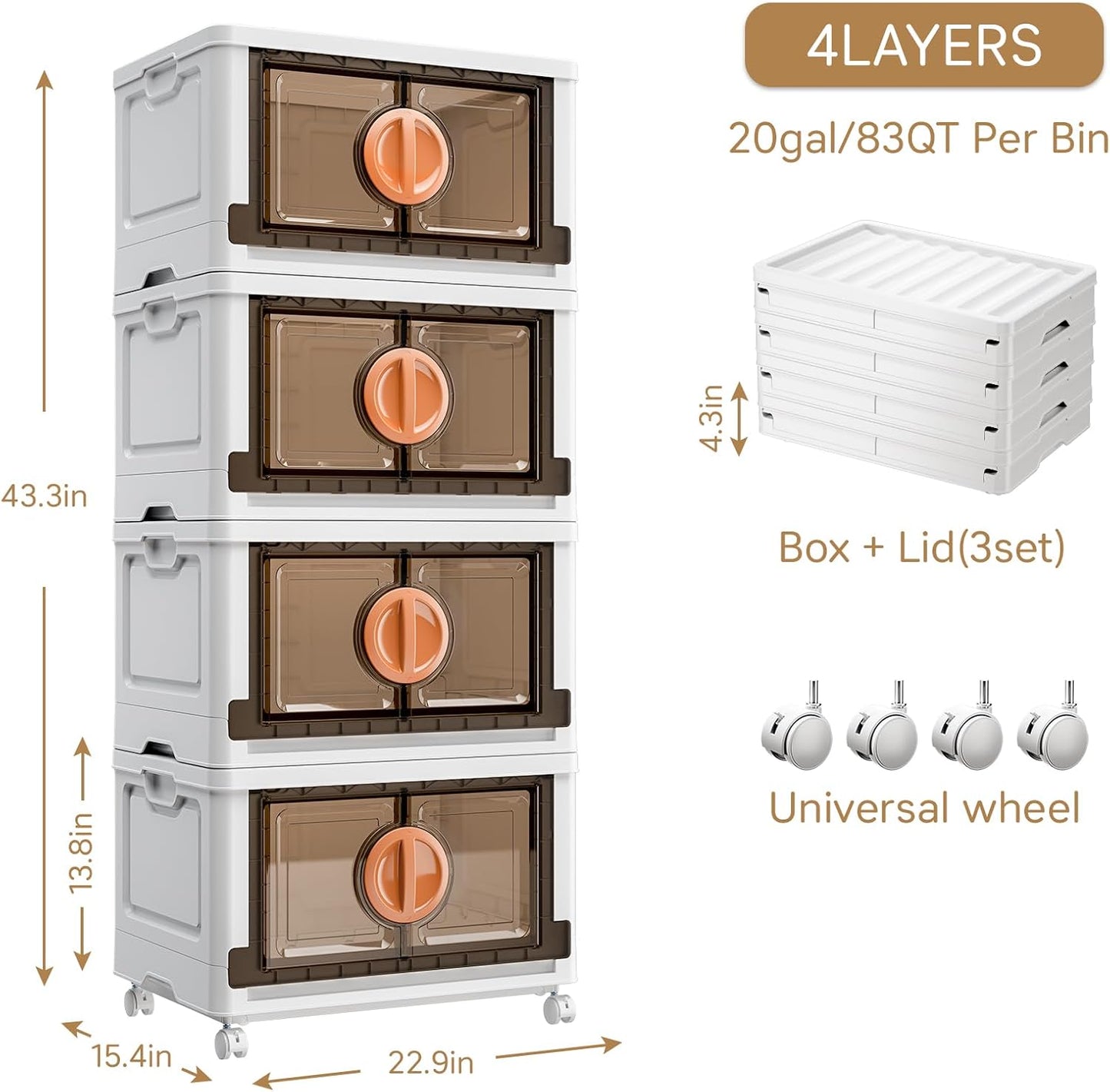 JEKO&JEKO 332Qt Lockable Stackable Storage Bins with Lids, Collapsible Closet Organizer with Wheels, Plastic Cabinet Drawer for Clothes, Dorm Room 4 Pack (White)