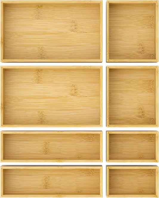 Bathroom Drawer Organizer Trays, Bamboo Silverware Drawer Organizer Kitchen Utensils, 8 PCS Wood Box Stackable Bins for Makeup, Office Desk, Vanity, Junk Drawer