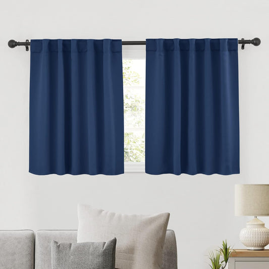 RYB HOME Small Window Curtains Blackout, Privacy Thermal Insulating Drapes for Bedroom Bathroom Basement Cafe Classroom Window Decor, W 34 x L 45 inches, Navy, 2 Panels