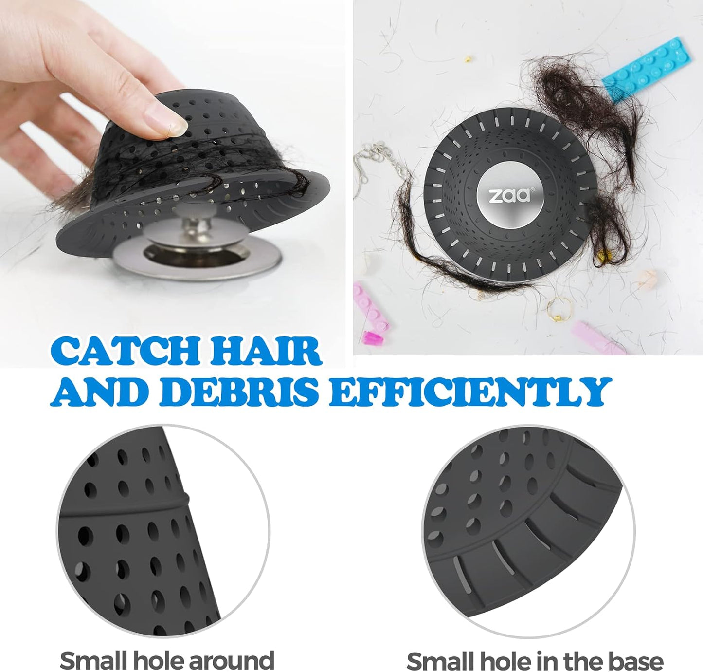 zaa Bathtub Drain Hair Catcher, 2 Pack Silicone Collapsible Bathtub Drain Cover Hair Catcher & Protector for Pop-Up & Regular Drains of Shower, Bathtub, Tub, Bathroom, Sink, Gray & Black