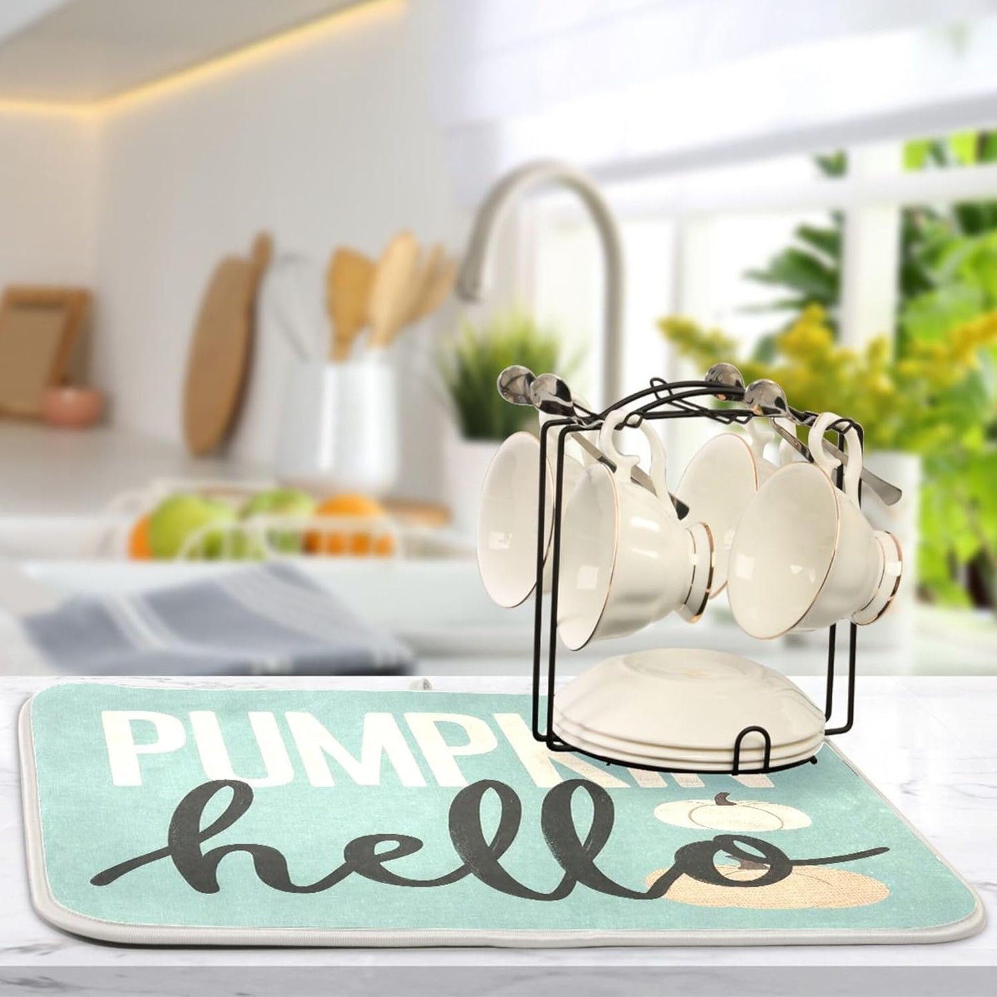 Hello Pumpkin Turquoise Fall Dish Drying Mat for Kitchen Countertop 18x24 Aqua Teal Autumn Large Drying Mat Reusable Quick Dry Dish Sink Mats Easy Clean Decorative Essentials