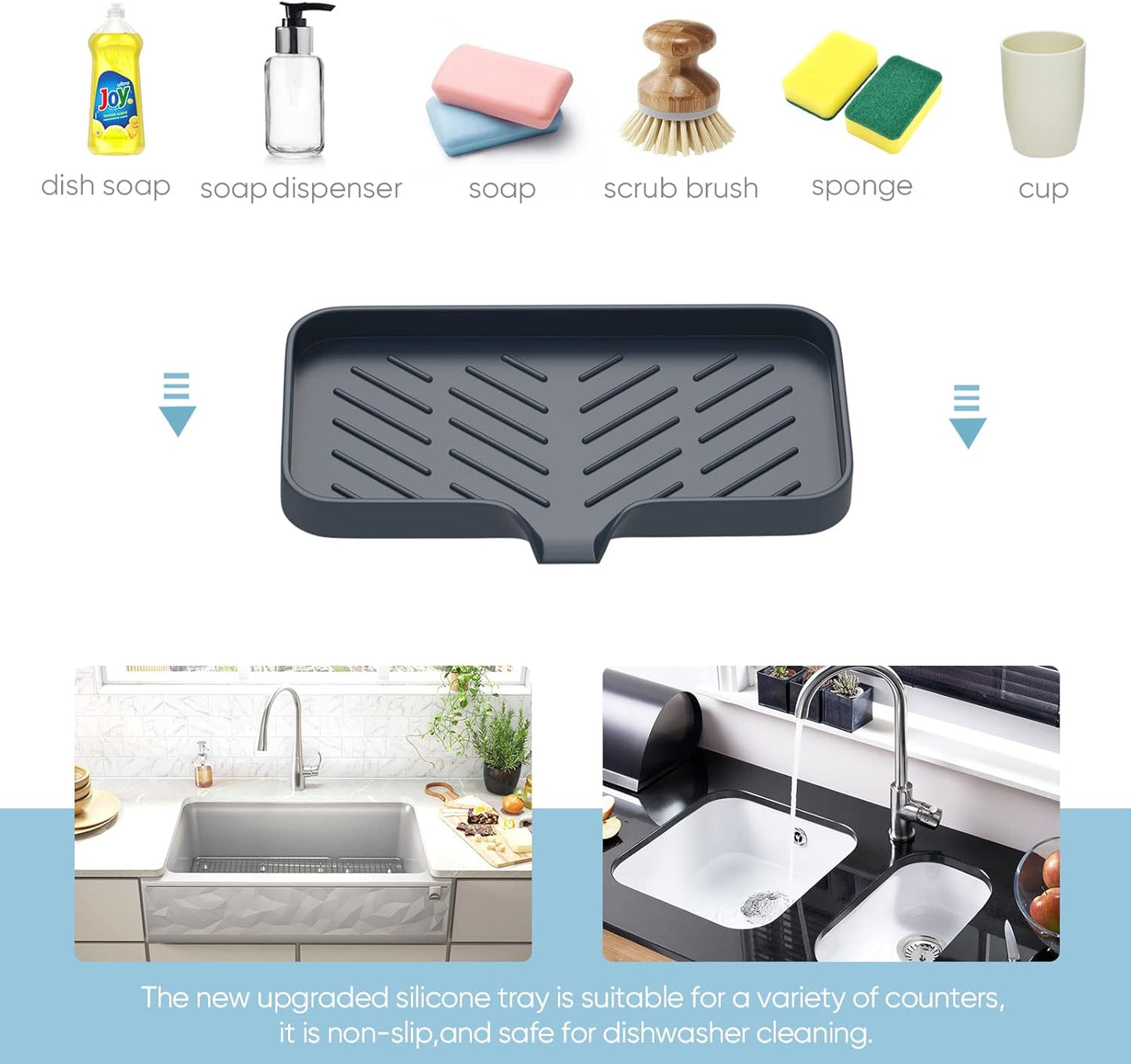 Kitchen Soap Tray,Kitchen Sink Tray Sponge Tray Kitchen Sponge Holder Self Draining Premium Silicone Soap Holder for Bathroom Kitchen Counter Sink Caddy Organizer for Dish Soap Bottle,Soap Dispenser
