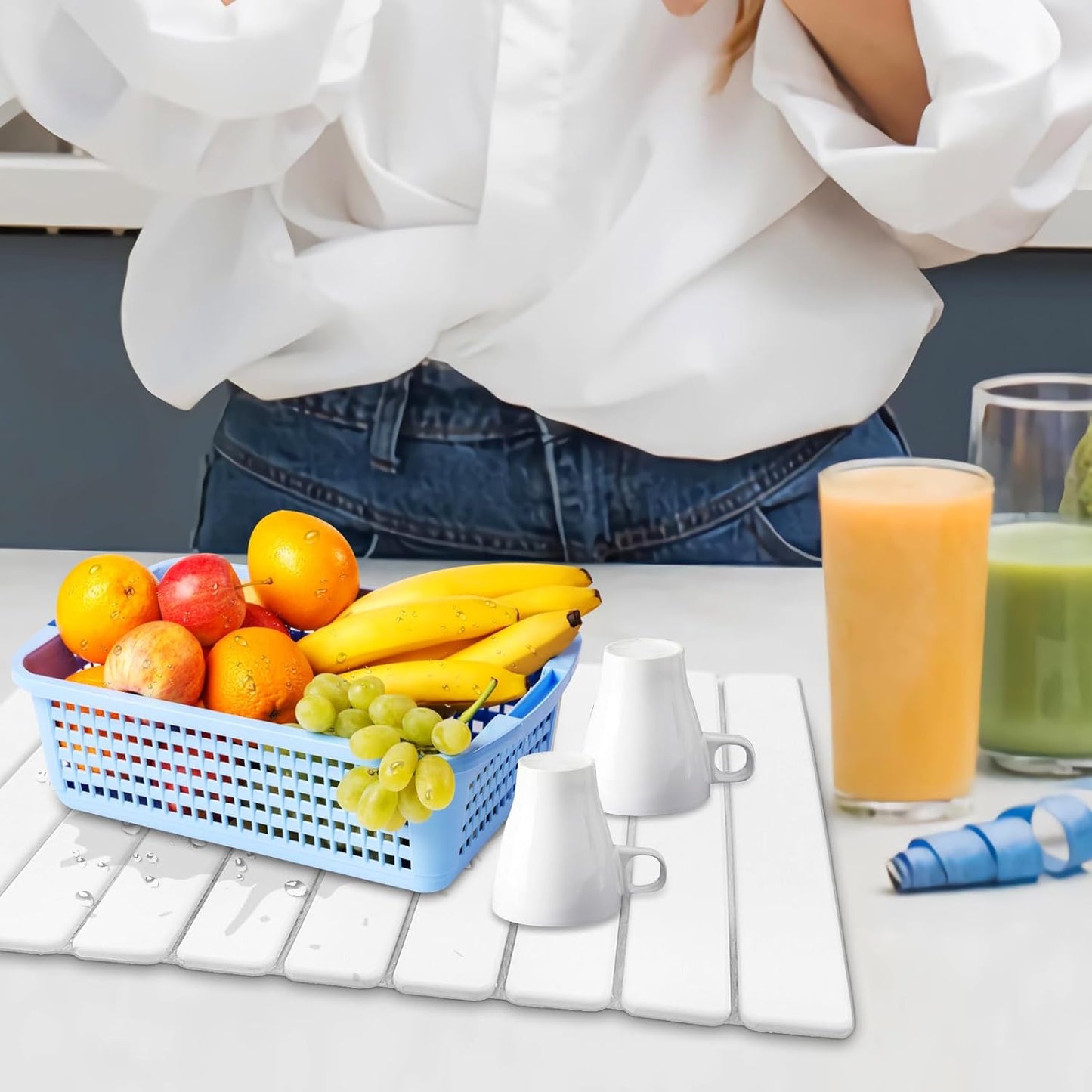 Diatomaceous Earth Stone Dish Drying Mat for Kitchen Counter – 24”x16”, Non-Slip Quick-Dry Surface, Sleek Foldable Design & Collapsible Storage, White