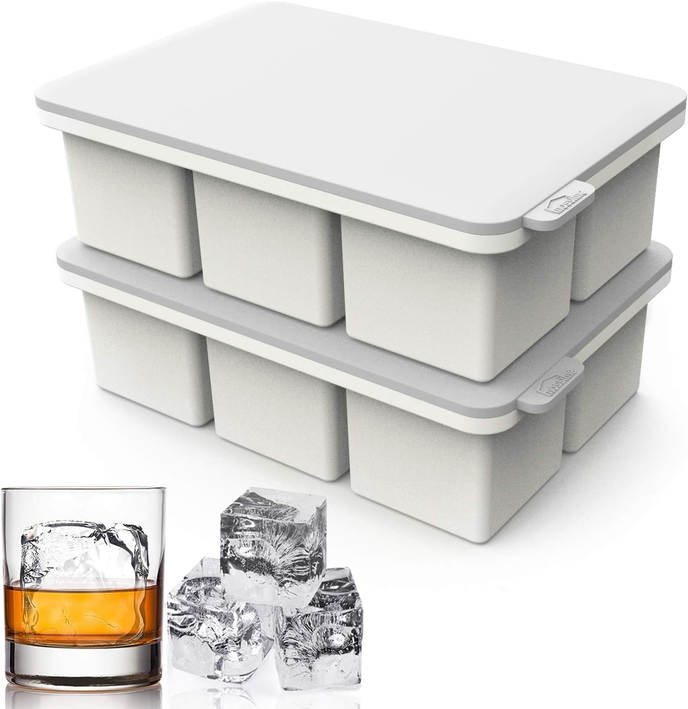 Mossime Large Ice Cube Molds: Square Whiskey Silicone Ice Cube Trays With Lid - 2pack Old Fashioned Big Silicone Ice Cube Tray for Cocktail - 2inch Easy Release Ice Cube Maker For Freezer