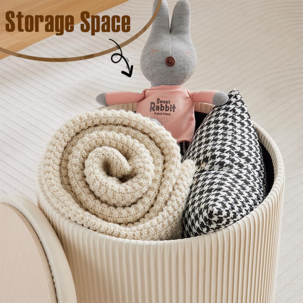 Big Round Ottoman with Storage Set of 2,Upholstered Velvet Vanity Stool for Makeup Multifunctional Foot Rest Coffee Table Padded Seat Tufted Ottomans for Living Room&Bedroom（White）