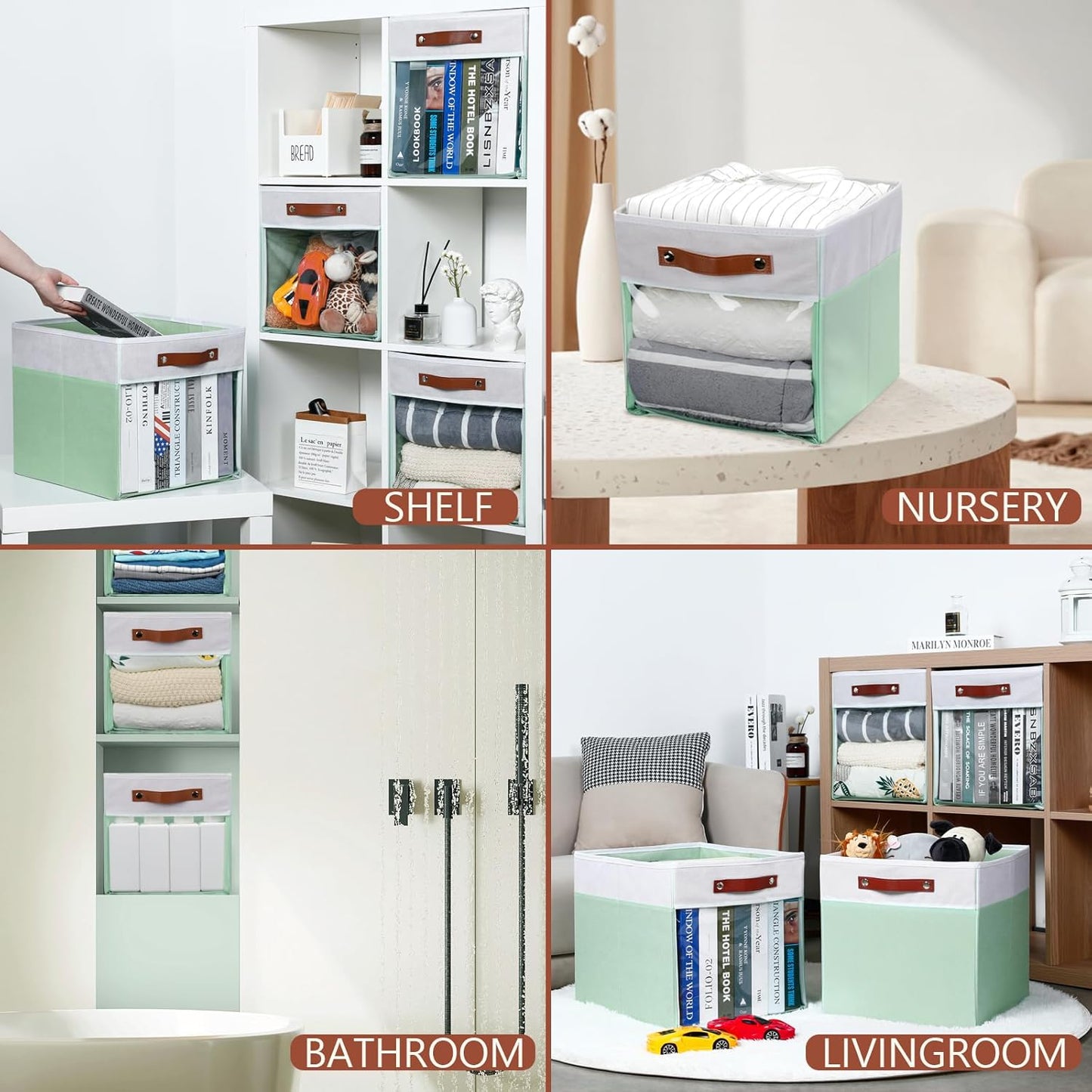 HNZIGE 13x15x13 Cube Storage Bins, 4 Pack Fabric Clear Organizer With Window, Large Collapsible Shelf Bins for Closet, Toy, Clothes - White Green