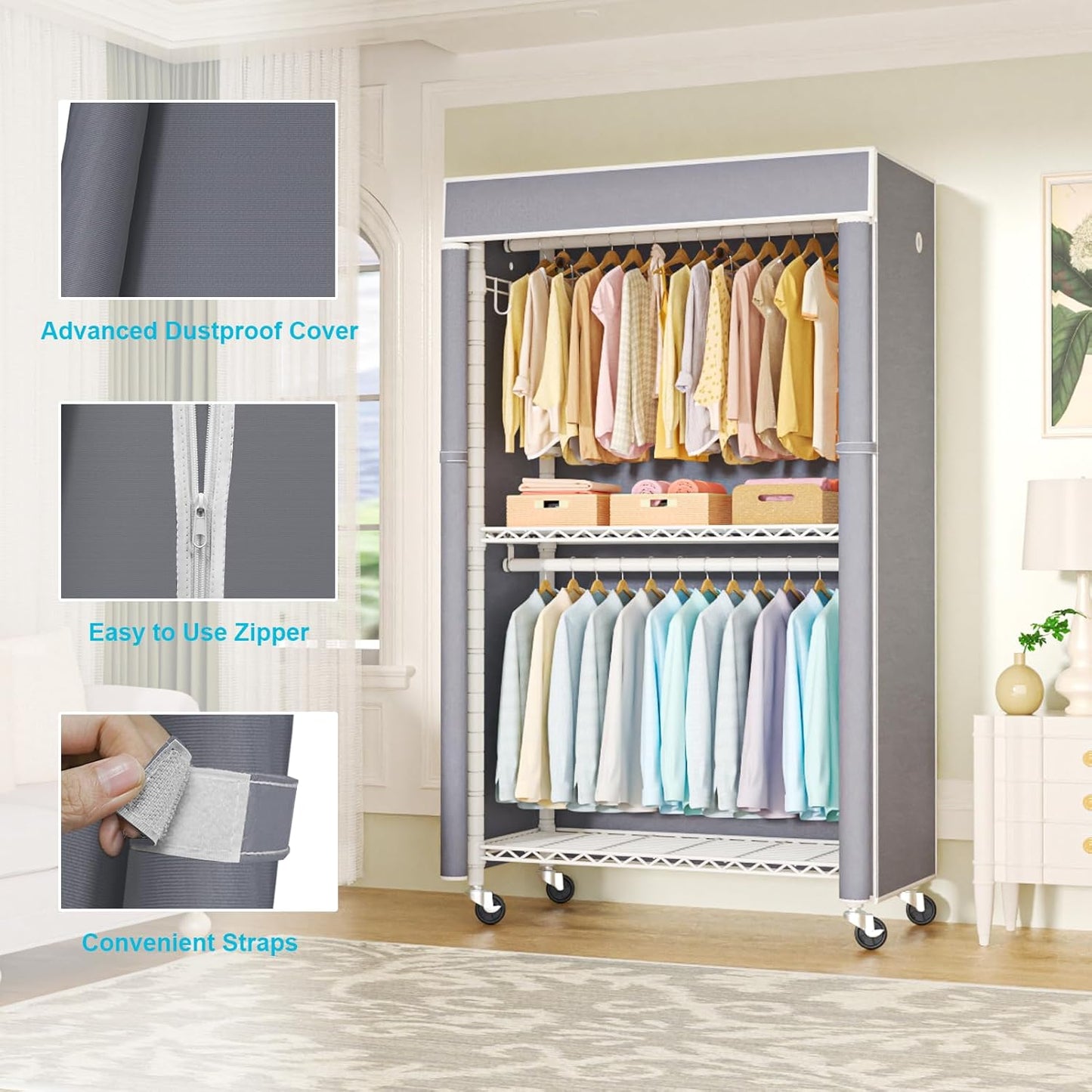 FUTASSI White Clothing Rack with Grey Cover, P1C Rolling Closet Rack with Wheels, Metal Garment Rack for Hanging Clothes, Clothing Storage Wardrobe, 36.2" W x 16.5" D x 80.5" H, Load 450 Pounds