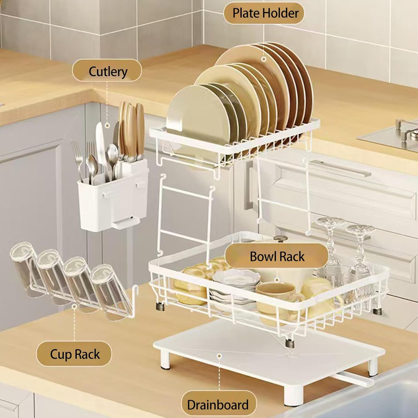 Dish Drying Rack, Space Saving & Durable, Rust-Proof Large 2 Tier Stainless Steel Dish Racks for Kitchen Counter with Cutlery & Cup Holder & Drainboard -White