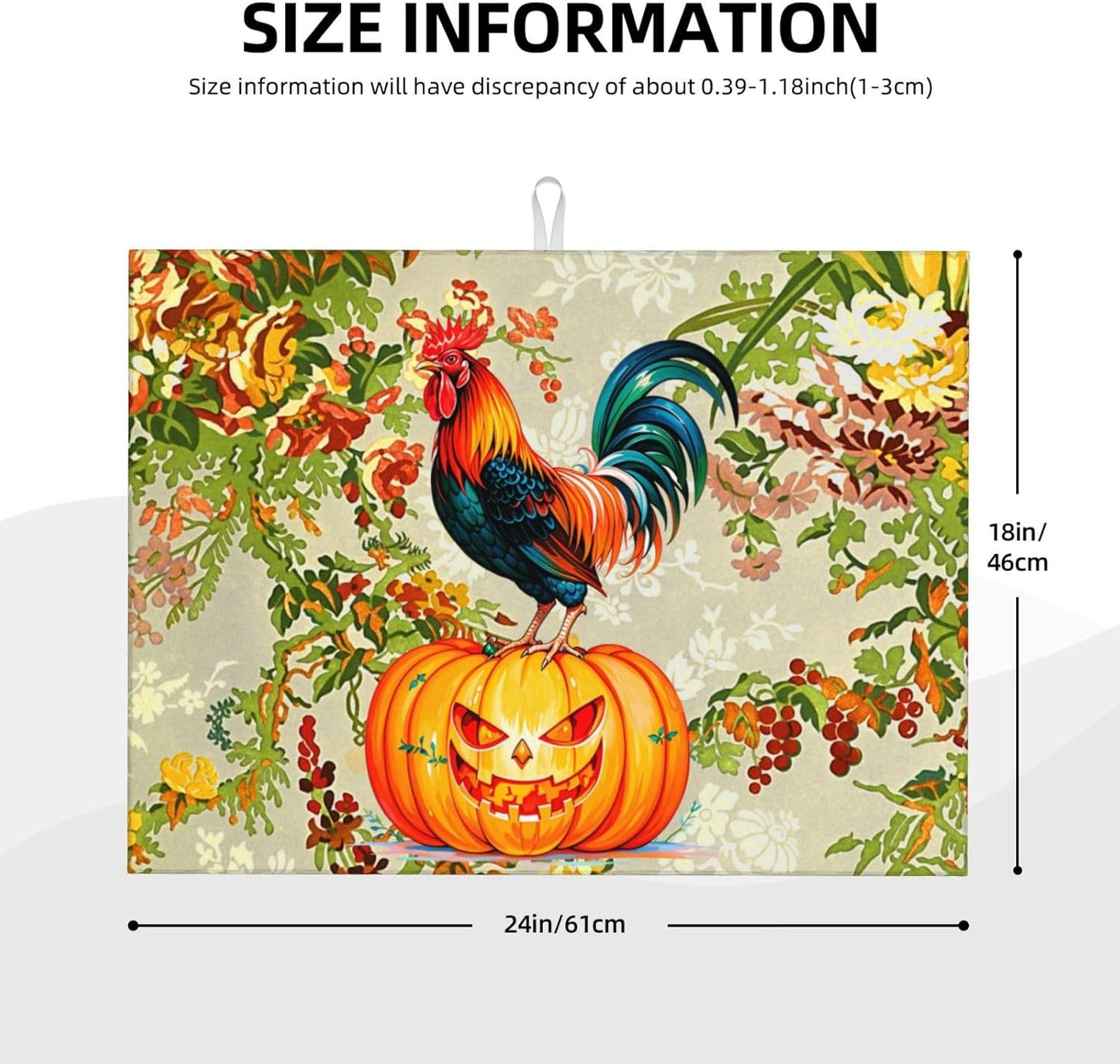 Rooster Pumpkin Dish Drying Mat Highly Absorbent Double-Sided Microfiber with Hanging Loop Reversible Drain Dish Rack Mat Drain Mat Suitable for Kitchen Countertop Coffee Bar 18 x 24 Inch
