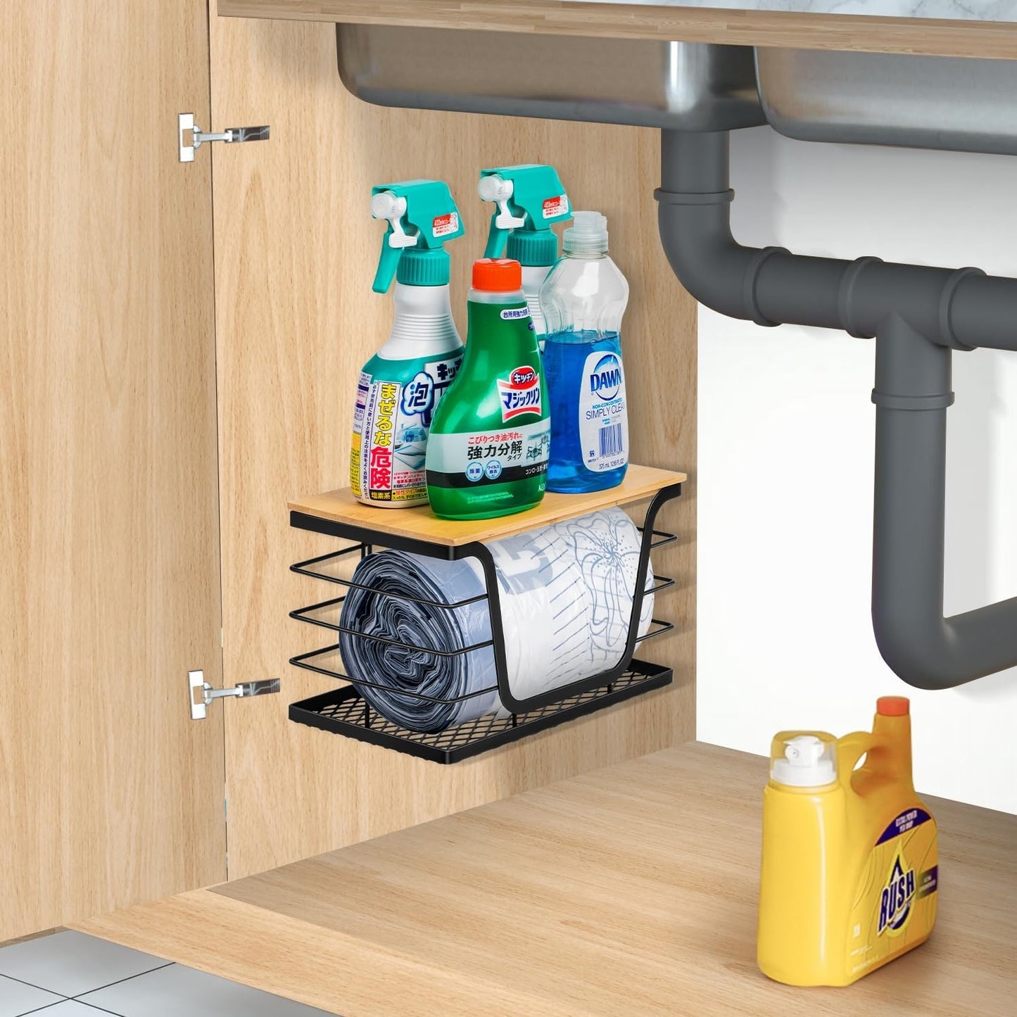 Wetheny 2 Pack Trash Bag Holder, Wall Mounted Garbage Bag Dispenser with Bamboo Top and Mesh Bottom, Stackable Storage for Kitchen Laundry Organization, Black