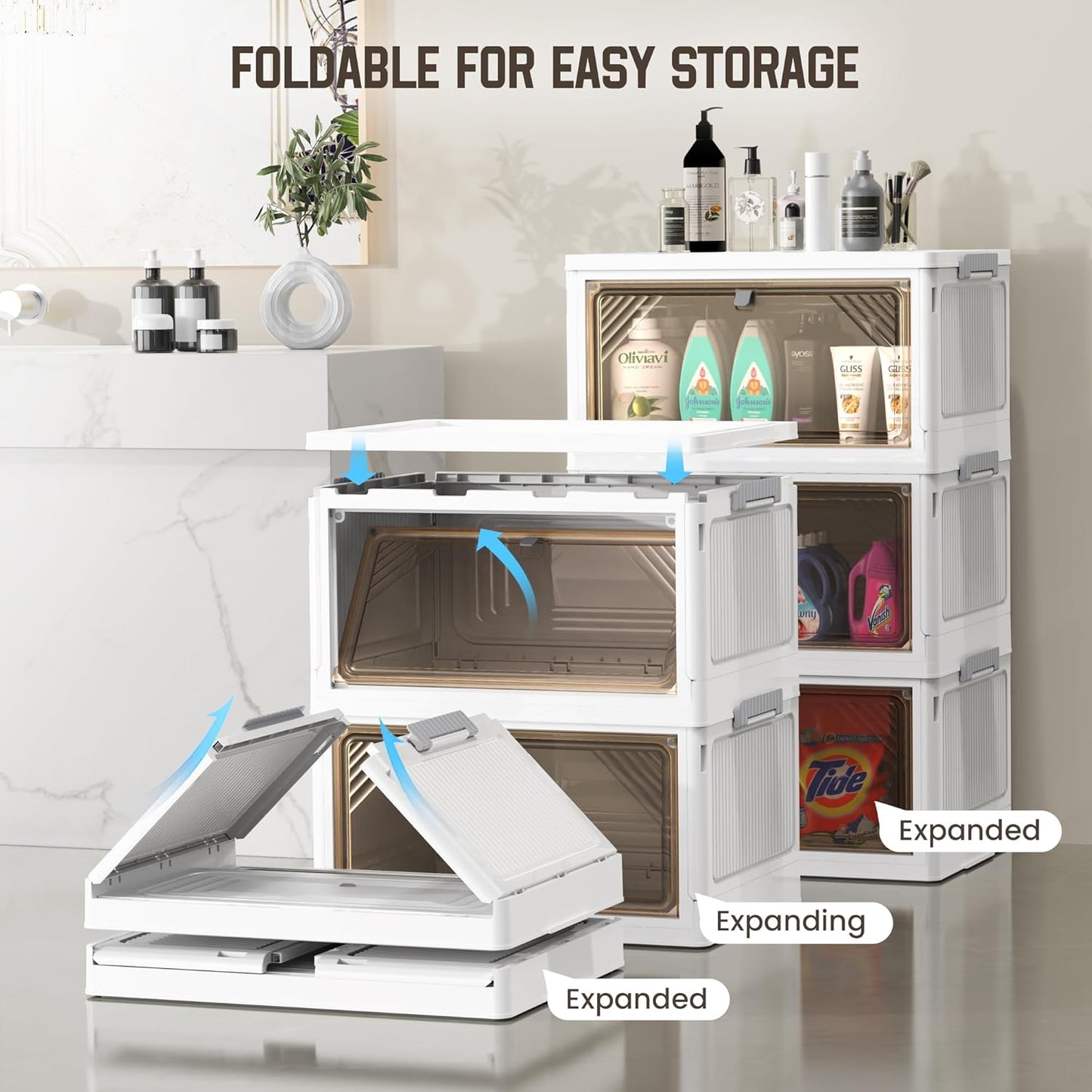 AHEONLAR 144 Quart 3 Tier Plastic Storage Bins with Lid - Foldable Stackable Storage Bins with Doors - Closet Organizers and Storage - Plastic Drawer Storage for Bedroom StudToy Room Office（48QT×3）