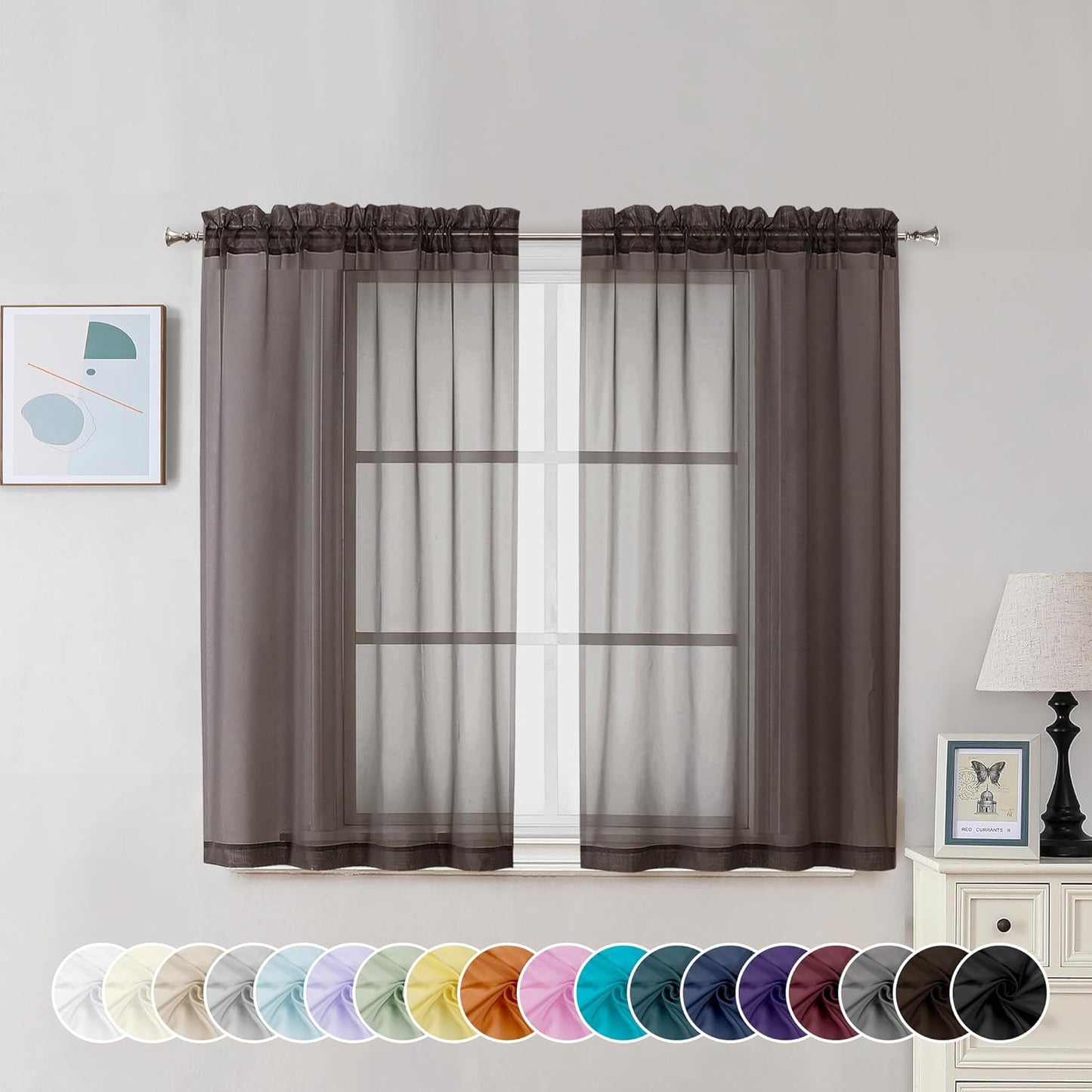 Chyhomenyc Chocolate Brown Sheer Curtains 45 Inch Long 2 Panels, Light Filtering Rod Pocket Voile Short Curtains Drapes for Living Room Bedroom Small Windows, 42Wx45L Inches