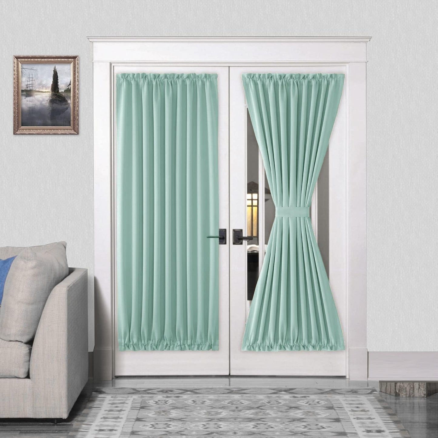 DWCN French Door Curtains – Rod Pocket Thermal Blackout Curtain for Doors with Glass Window, Kitchen and Patio Doors for Privacy, 54 X 72 Inches Long, 1 Curtain Panel with Tieback, Mint Green