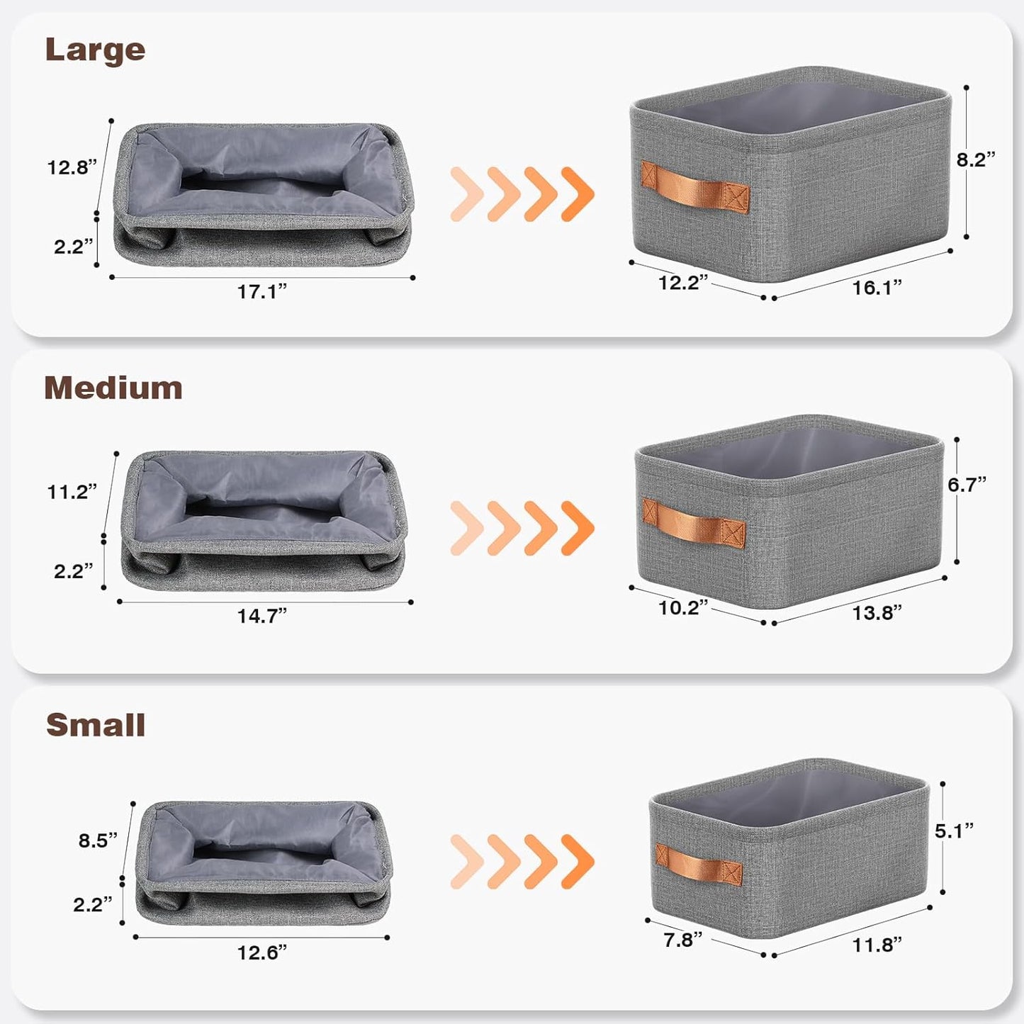 Large Storage Baskets for Shelves 3 Packs, Fabric Storage Bins for Shelves with Handles, 13.8'' L ×10.2'' W × 6.7'' H Collapsible Baskets for Organizing Clothes, Toy, Grey