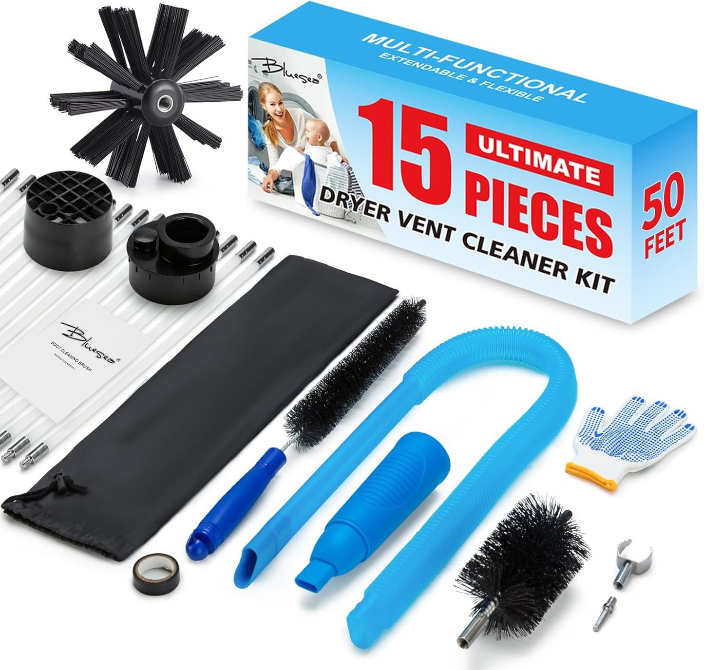 BLuesea Dryer Vent Cleaner Kit, 15-Piece Ultimate Dryer Cleaning Kit Include 50 Feet Dryer Vent Brush, Upgrade Noiseless Dryer Lint Vacuum Attachment, Lint Trap Brush, Vacuum & Dryer Adapters