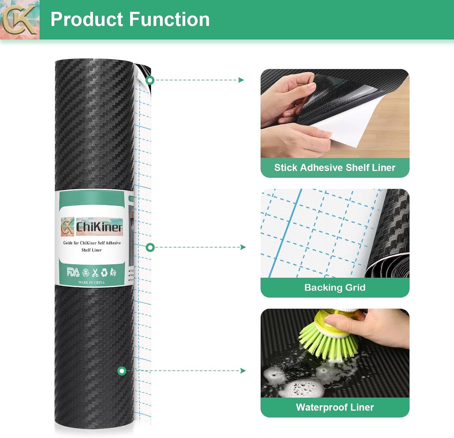 Self-Adhesive Shelf Liner Kitchen Liner, Waterproof Backed Paper Easy Peel and Stick Contact Liner Without Residue for Decor Your Desk Surface, Kitchen Countertops (Black, 11.8 x 118.1 inches)