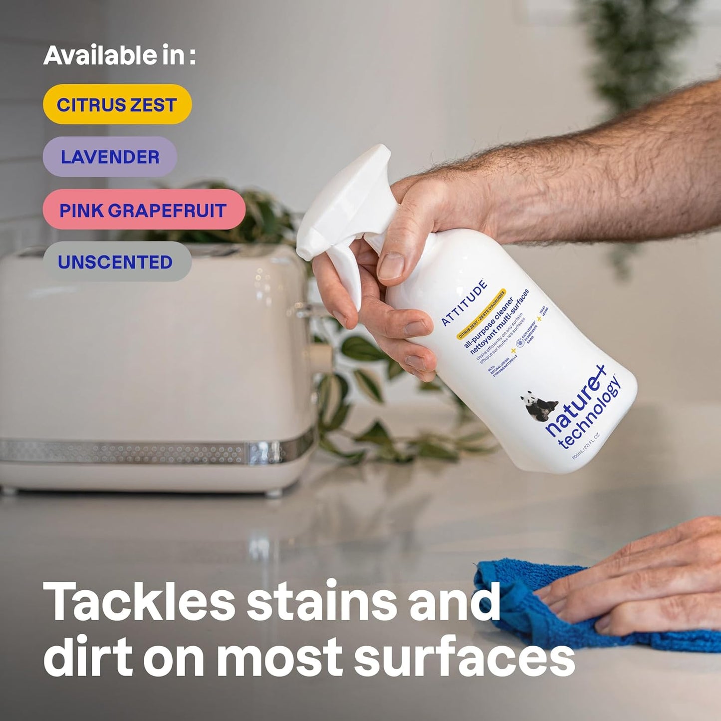 ATTITUDE All Purpose Cleaner Spray, EWG Verified, Vegan, Made with 94% Plant-Based Ingredients, Streak-Free for Kitchen, Bathroom, Glass & More, Citrus Zest, 27.1 Fl Oz (Pack of 3)