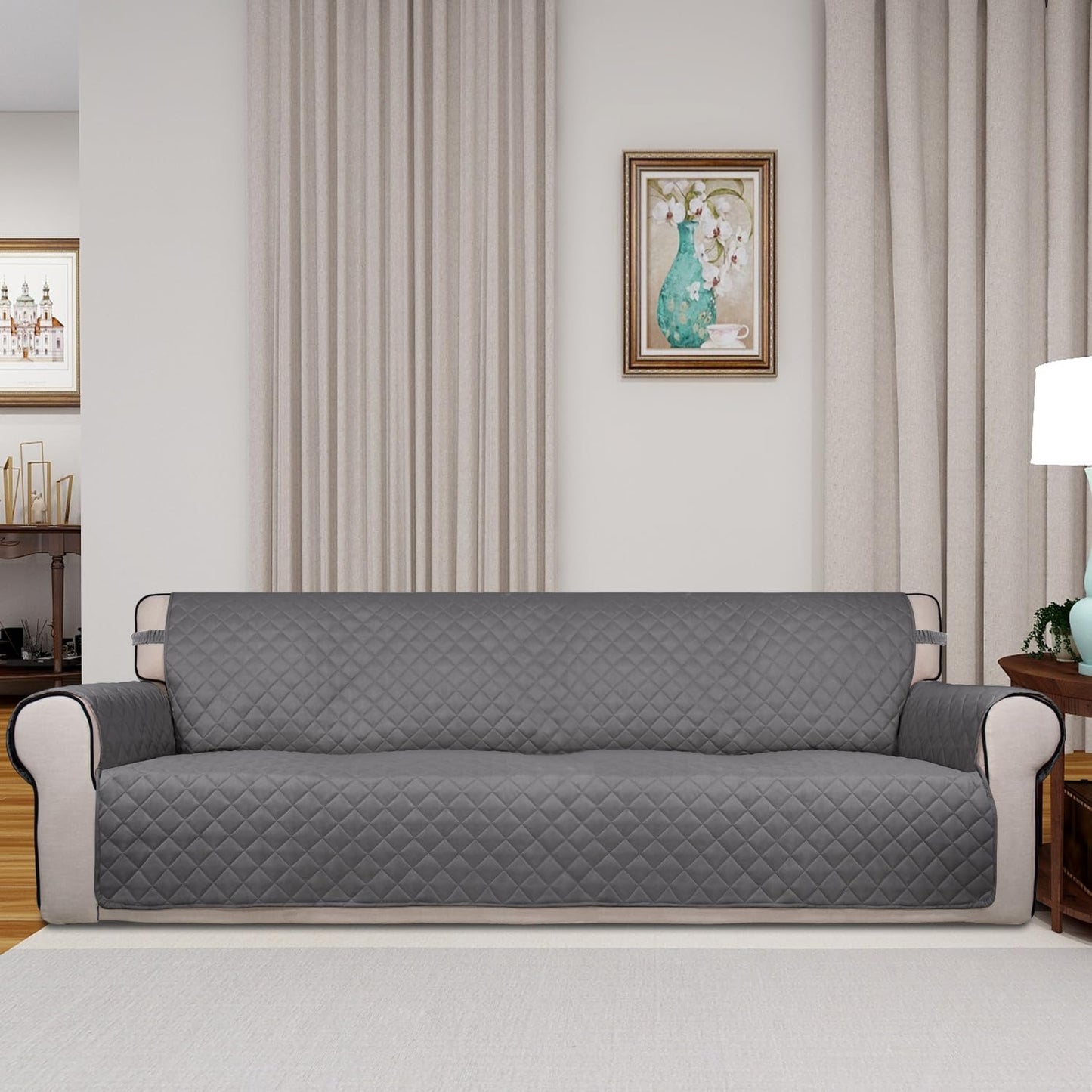 PureFit Reversible Quilted Sofa Cover, Water Resistant Slipcover Furniture Protector, Washable Couch Cover with Non Slip and Elastic Straps for Kids, Dogs, Pets (4 Seater Sofa, Gray/Ivory)