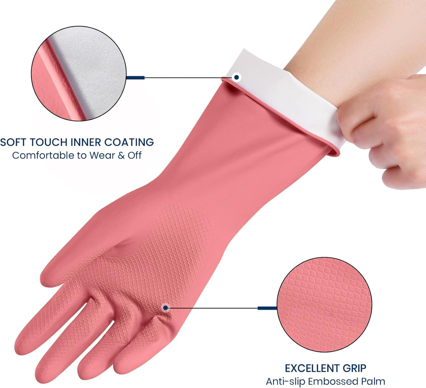 Rubber Cleaning Gloves for Dishwashing, 4 Pairs Reusable Kitchen Gloves for Washing Dishes and Household Cleaning, Pink Dish Gloves with Flocked Lining and Non-Slip Grip, Pefect for Woman Men - S