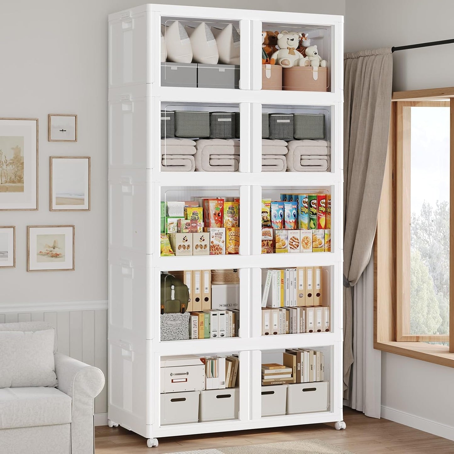 250GAL Large Stackable Storage Bins with Lid and Wheels, 1000Qt Collapsible Organizer Cabinet with Clear Door, for Closet, Bedroom, Kitchen, Garage, 5-Pack White