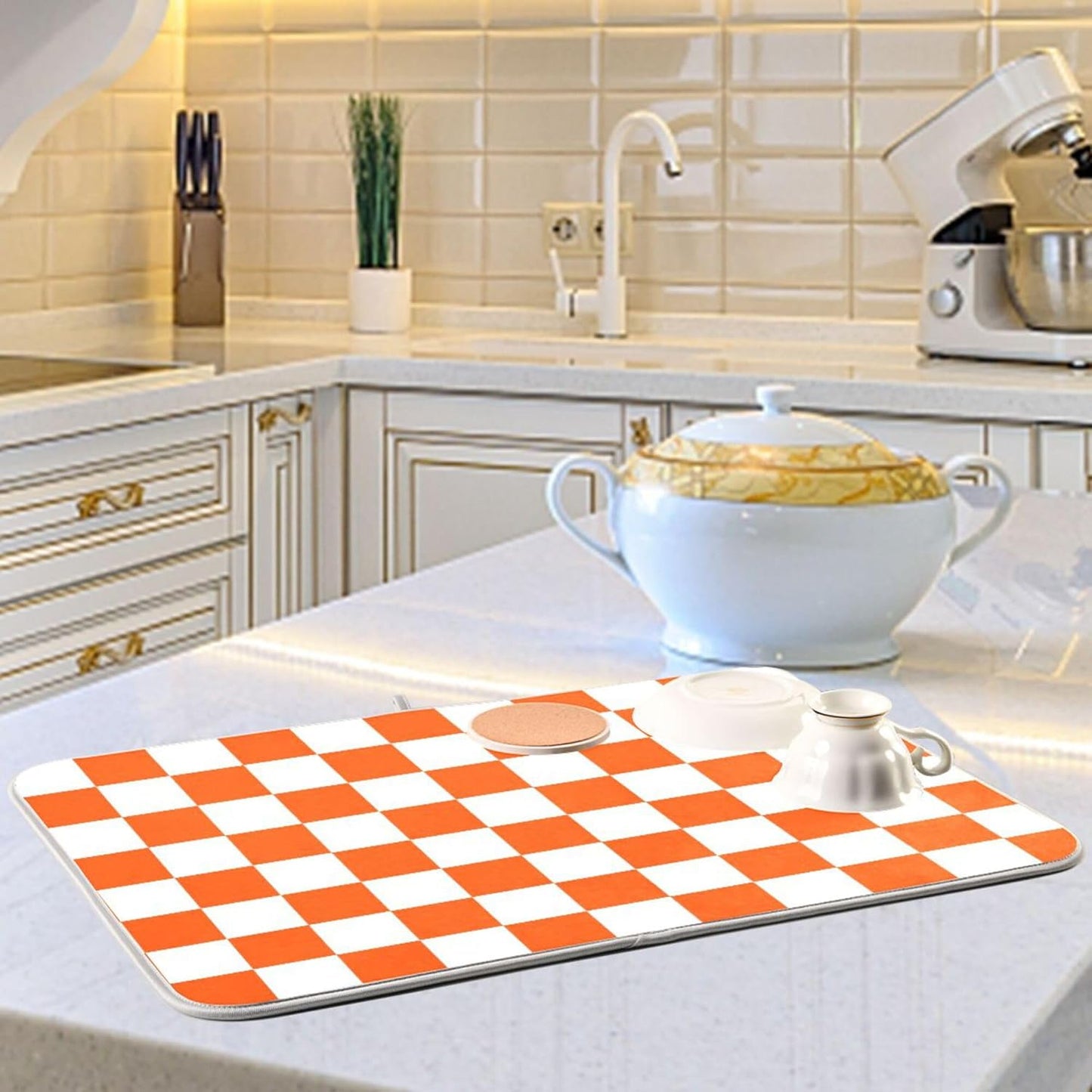 Burnt Orange Chessboard Dish Drying Mat for Kitchen Countertop 16x18 Plaid Checkered Rectangle Small Drying Mat Reusable Quick Dry Dish Sink Absorbent Mats Easy Clean Decorative Home Essentials