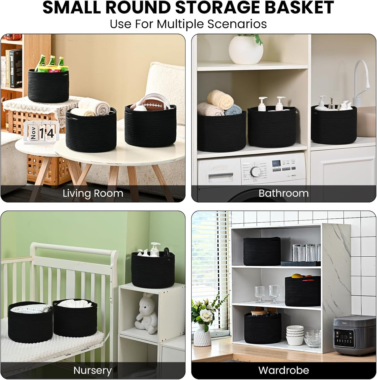 Small Black Baskets for Organizing, Storage Baskets for Shelves, Small Woven Basket for Storage, Cute Basket for Gifts, Mini Cotton Rope Baskets, 9.7"×9.7"×7" (3 Packs) Black