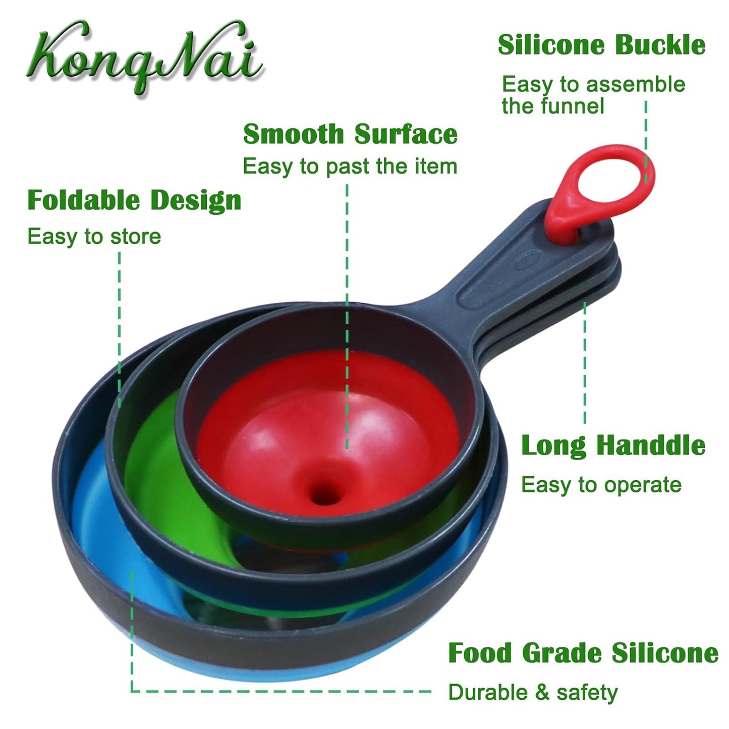KongNai Canning Funnel for Wide and Regular Jars，Wide Mouth Funnels Sets of 3, Large for Mason Jar, Food Grade Collapsible Silicone Kitchen Accessories for Transfer Jam, Juice, Spices and Oil