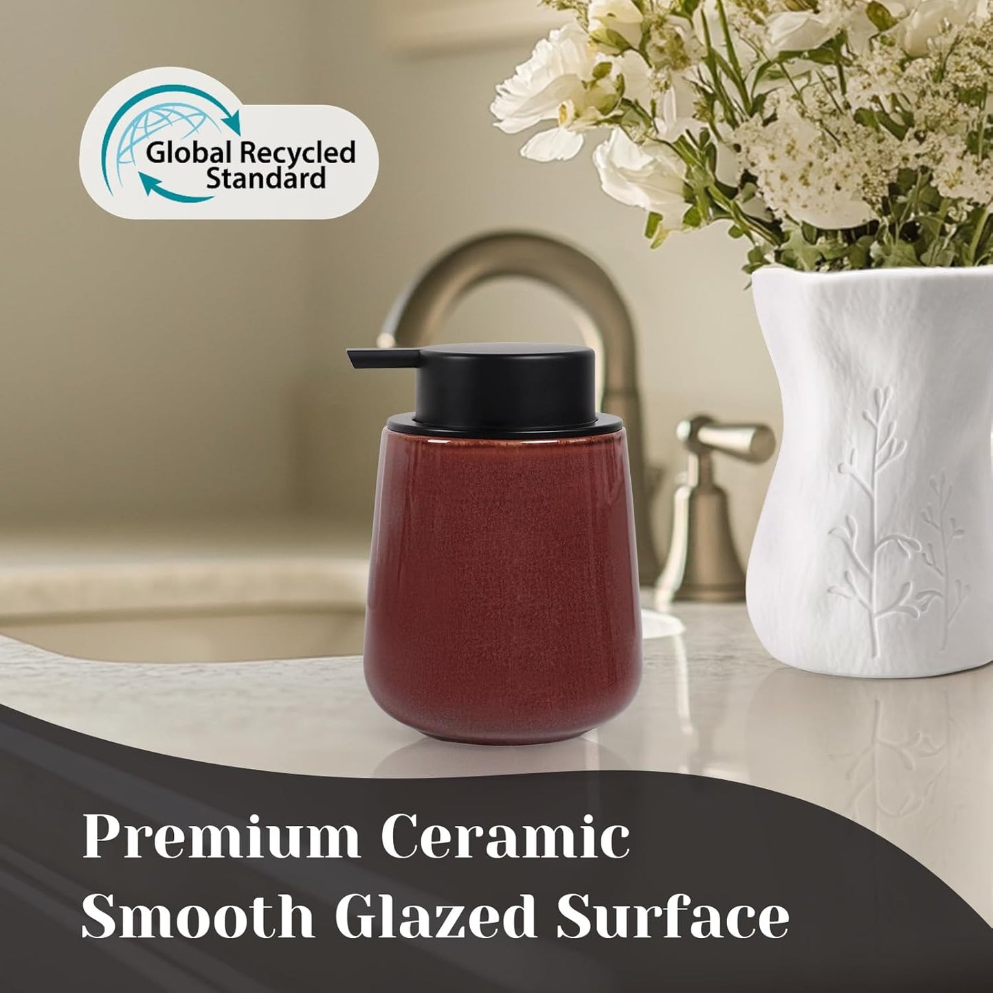 INGOFIN Ceramic Lotion Dispenser - 12 oz Refillable Hand Soap Dispenser Bathroom, Modern Liquid Soap Dispenser with Pump, Dish Dispenser for Kitchen,Kiln-Glazed Red Brown