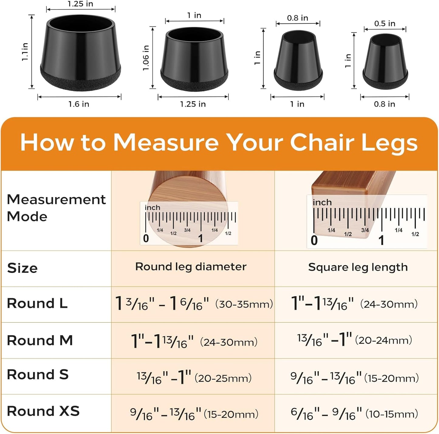 24 PCS Silicone & Felt Chair Leg Floor Protectors for Hardwood Floors - Furniture Pads, Chair Leg Covers/Cups - No Noise & Scratch-Proof - Round XS (Fits 9/16" - 13/16" / 15-20mm), Black