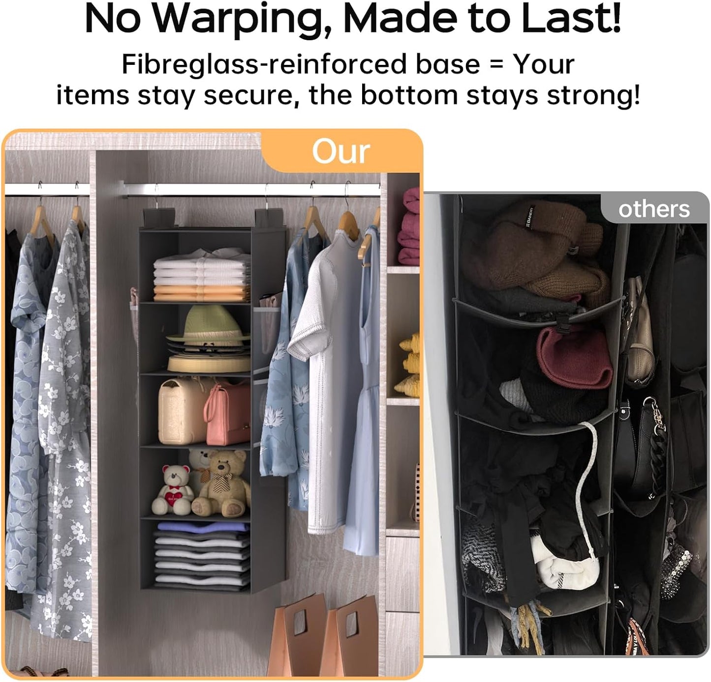 Deep Hanging Closet Organizers and Storage, Closet Hanging Storage Shelves with 5 Shelves and 4 Mesh Pockets, Heavy-Duty Closet Organizer for Clothes, Hats, and RVs and Dorm Essential,1-Pack, Grey