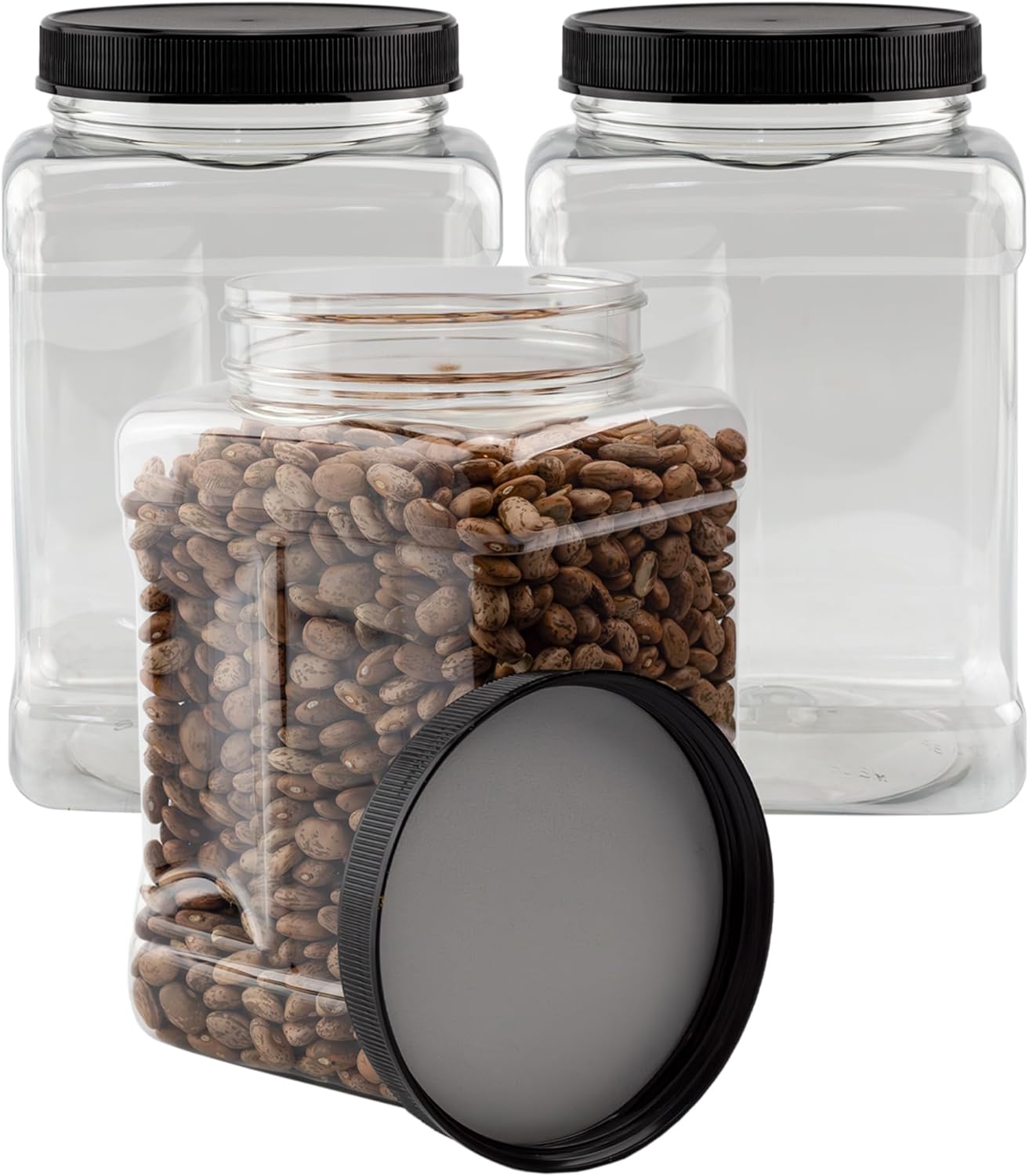 Cornucopia Brands 48oz Square Plastic Jars (3-Pack); Clear Rectangular 6-Cup Canisters w/Black Lids, Easy-Grip Side