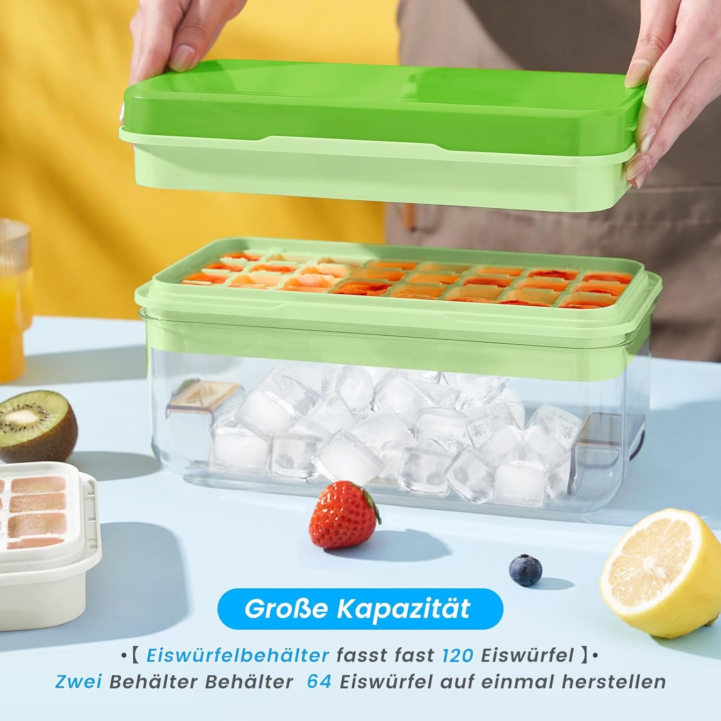 PHINOX Ice Cube Tray With Lid and Bin, Ice Trays for Freezer, Flexible Ice Cube Trays, Making 64 pcs Ice Cubes, Chilling Cocktail, Whiskey, Coffee, with 2 trays, Ice Container, Scoop&Cover, BPA Free