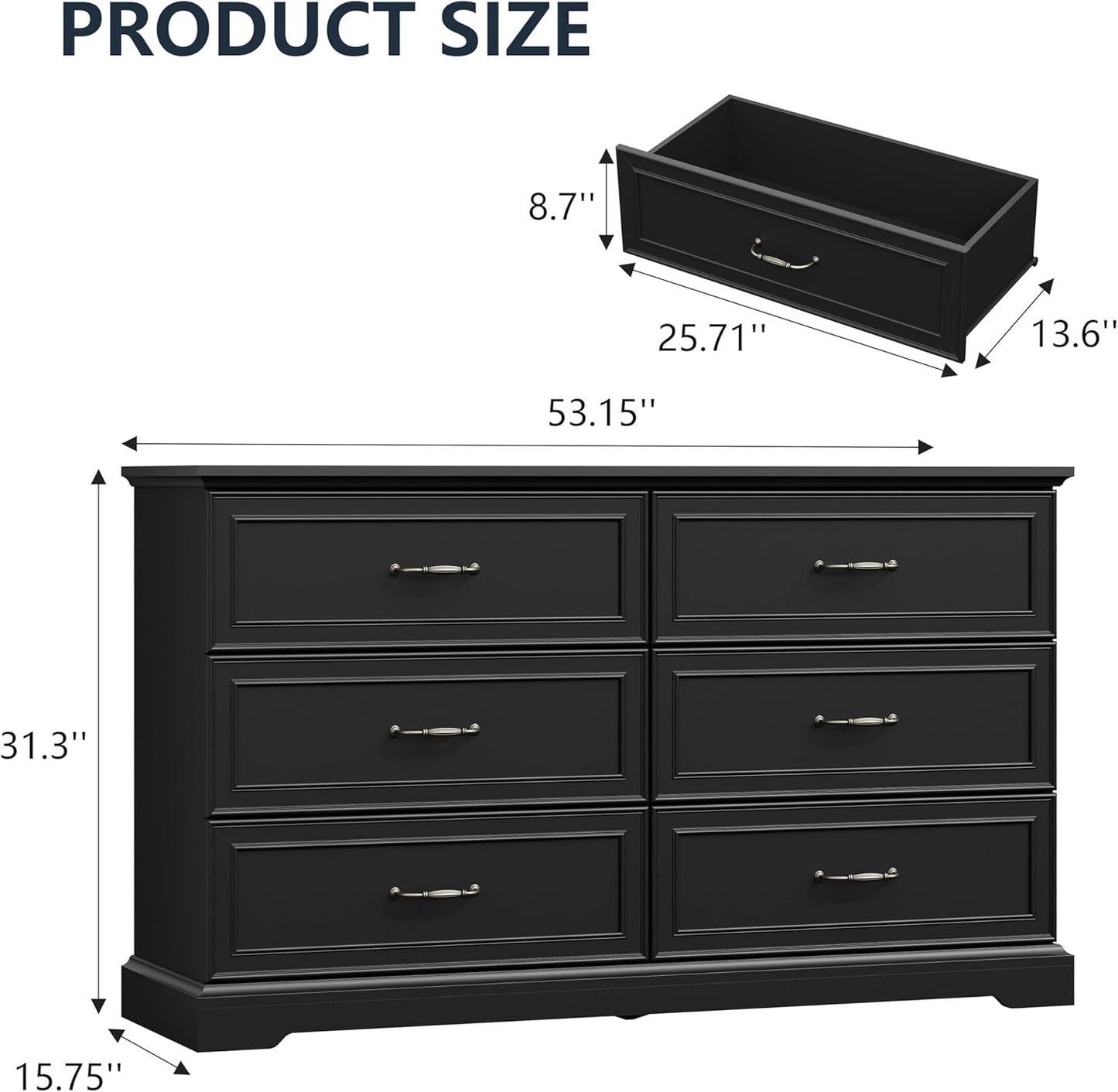 6 Drawer Dresser for Bedroom, 53" Wide Wooden Chest of Drawers, Rustic Farmhouse Dresser with Large Drawers & Metal Handles, Modern Storage Organizer for Closet, Living Room, Hallway, Black