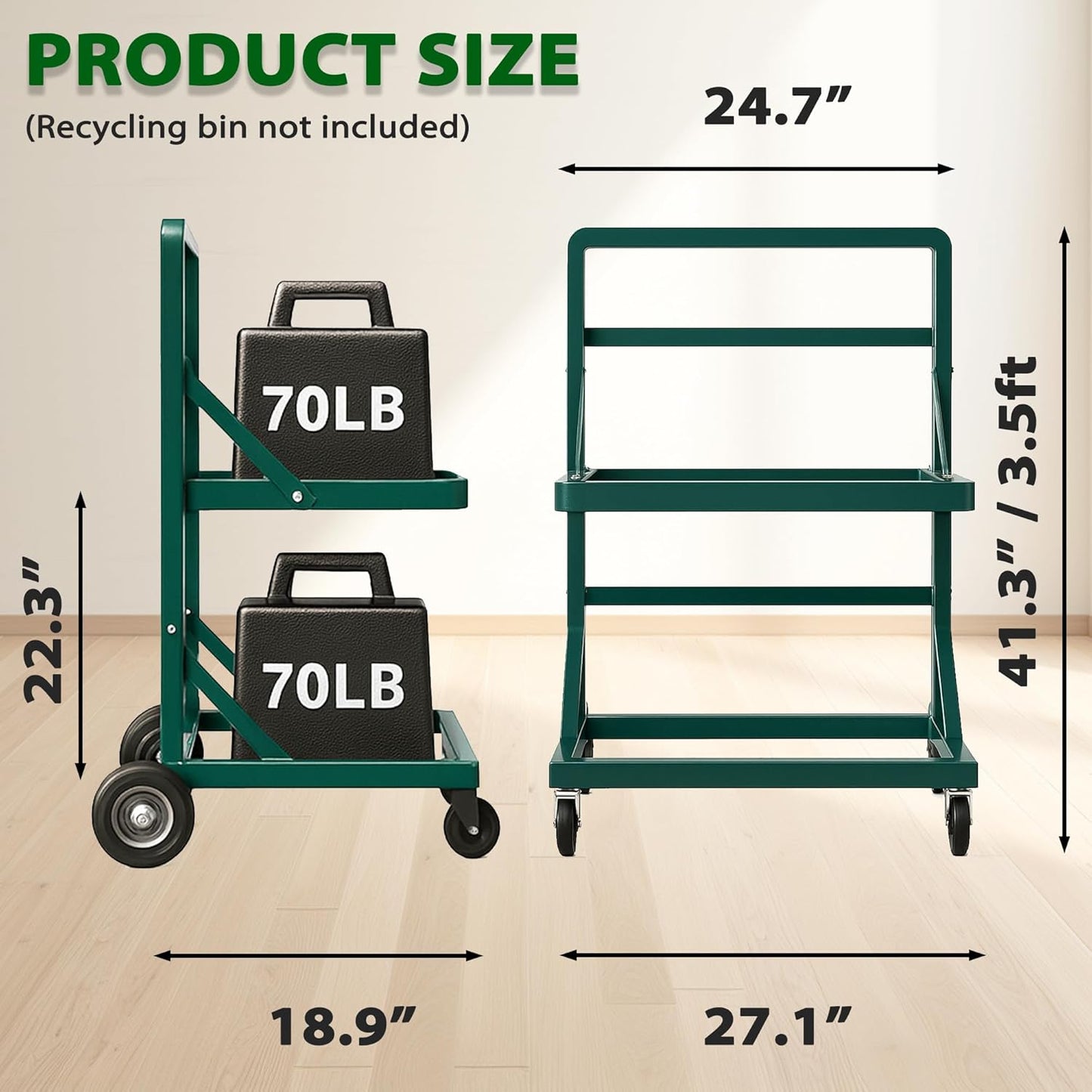 Recycling Cart,2-Tier Recycle Bin Cart with Wheels,Holds up to 140 Lbs,Rolling Utility Organizer for Garbage Sorting,Warehouse and Garage (Green)