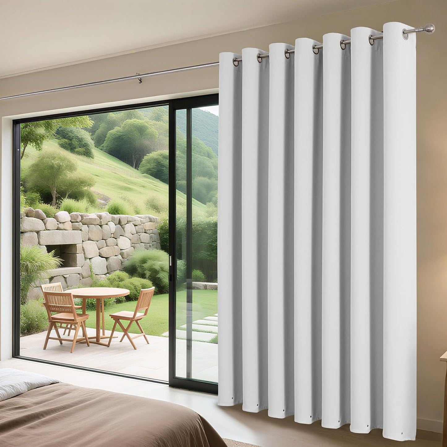 Joydeco Blackout Patio Sliding Door Curtains 108 Inches Long, Grommet Privacy Room Divider Curtains, Extra Wide Thermal Blackout Drapes for Bedroom Living Room (Greyish White 100Wx108L, 1 Panel)