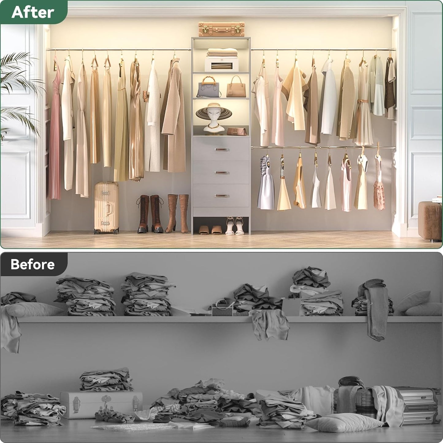 96'' Closet Organizer System with 3 Hanging Rods (Without 3 Storage Shelves), 8FT Closet Systems, Wall Mount Bedroom Wardrobe with 3 Wood Drawers, Adjustable Garment Rack from 5 to 8FT, Grey